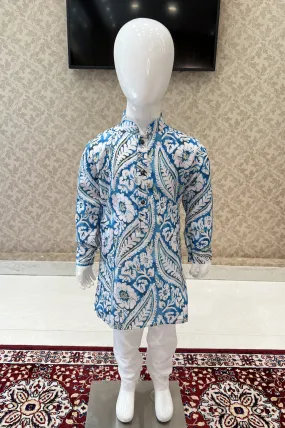 Blue with White Digital Print Kurta Set for Boys