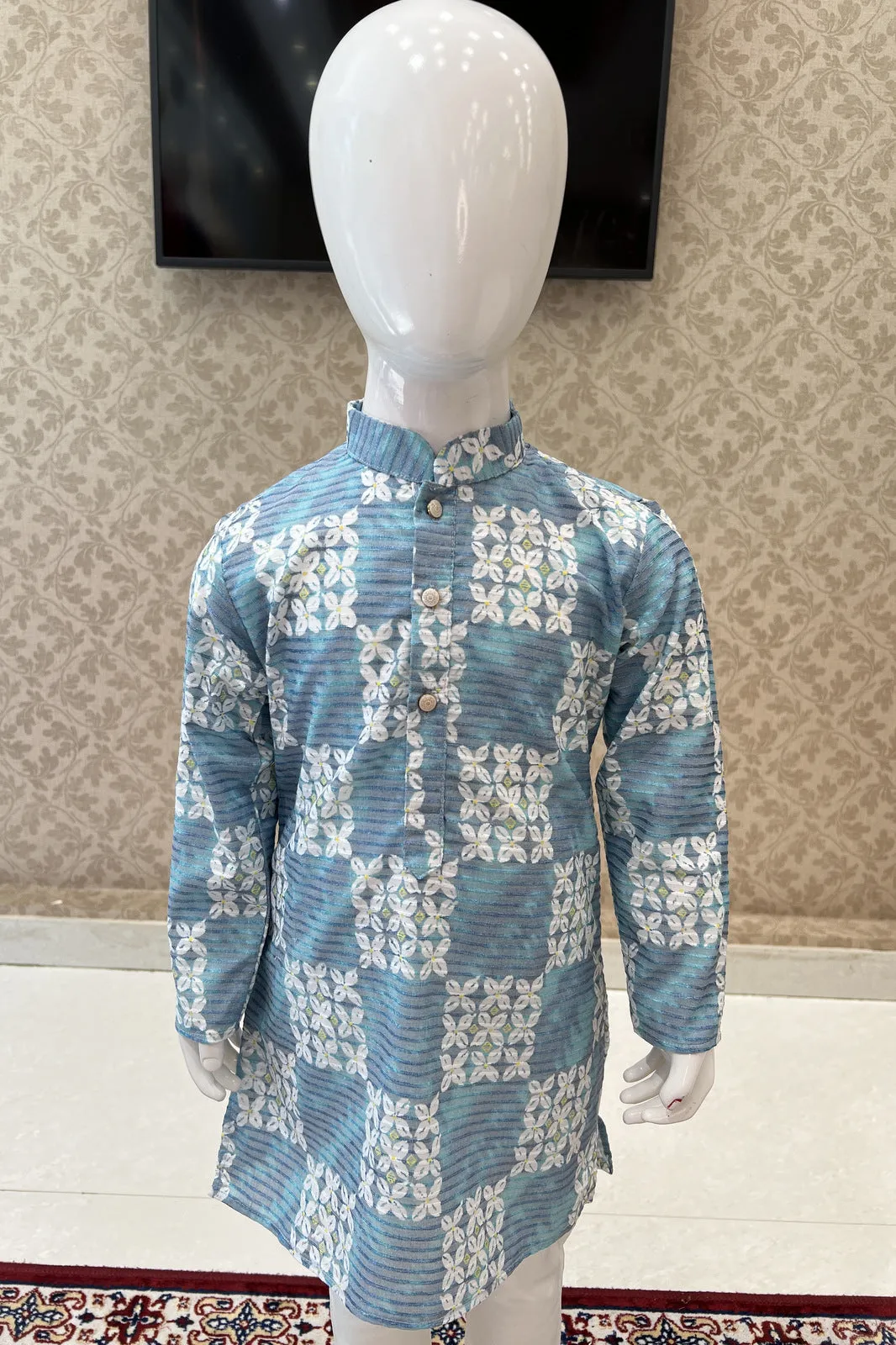 Blue with White Printed Kurta Set for Boys