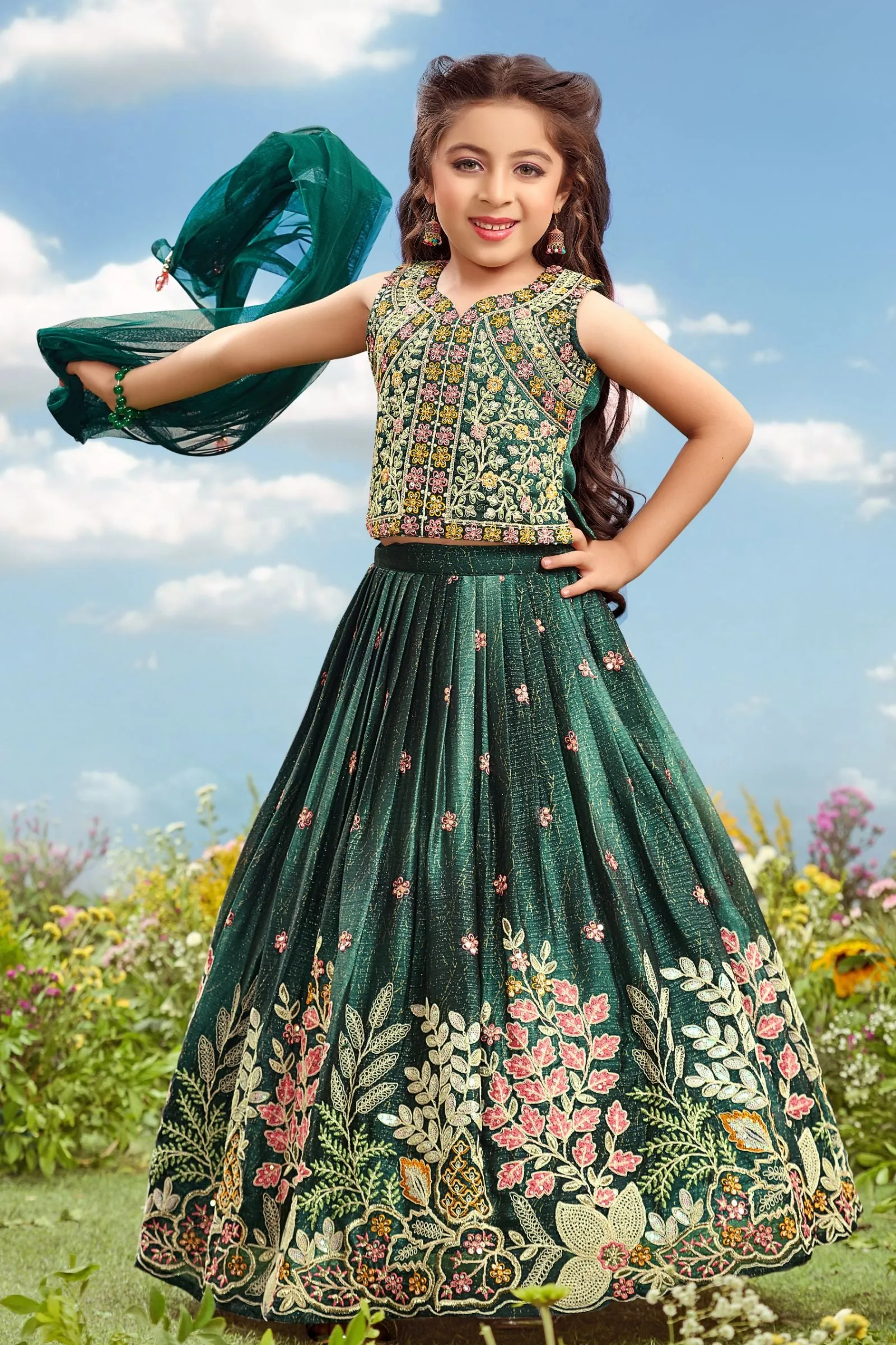 Bottle Green Multicolor Embroidery, Sequins and Zari work Lehenga Choli for Girls