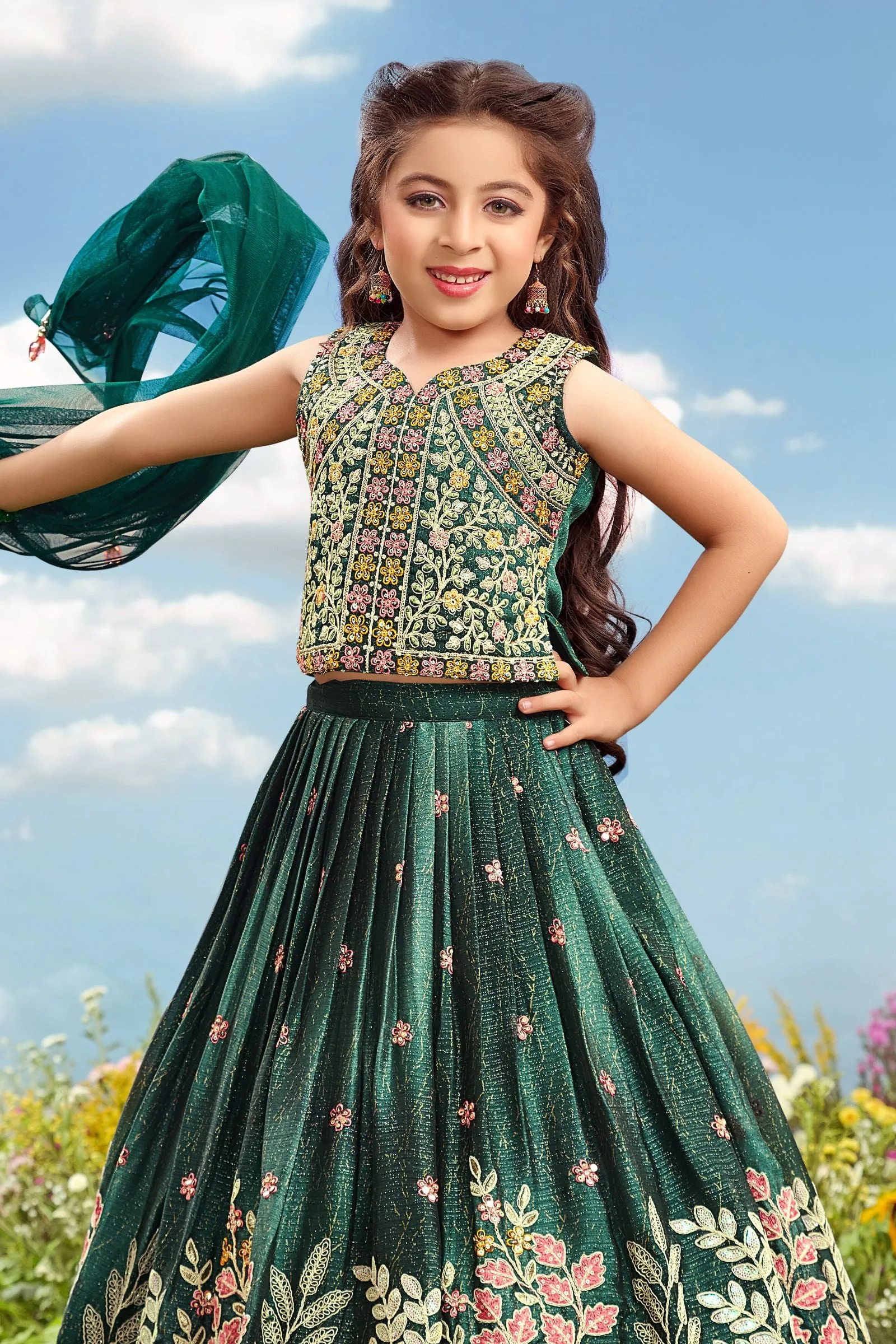 Bottle Green Multicolor Embroidery, Sequins and Zari work Lehenga Choli for Girls