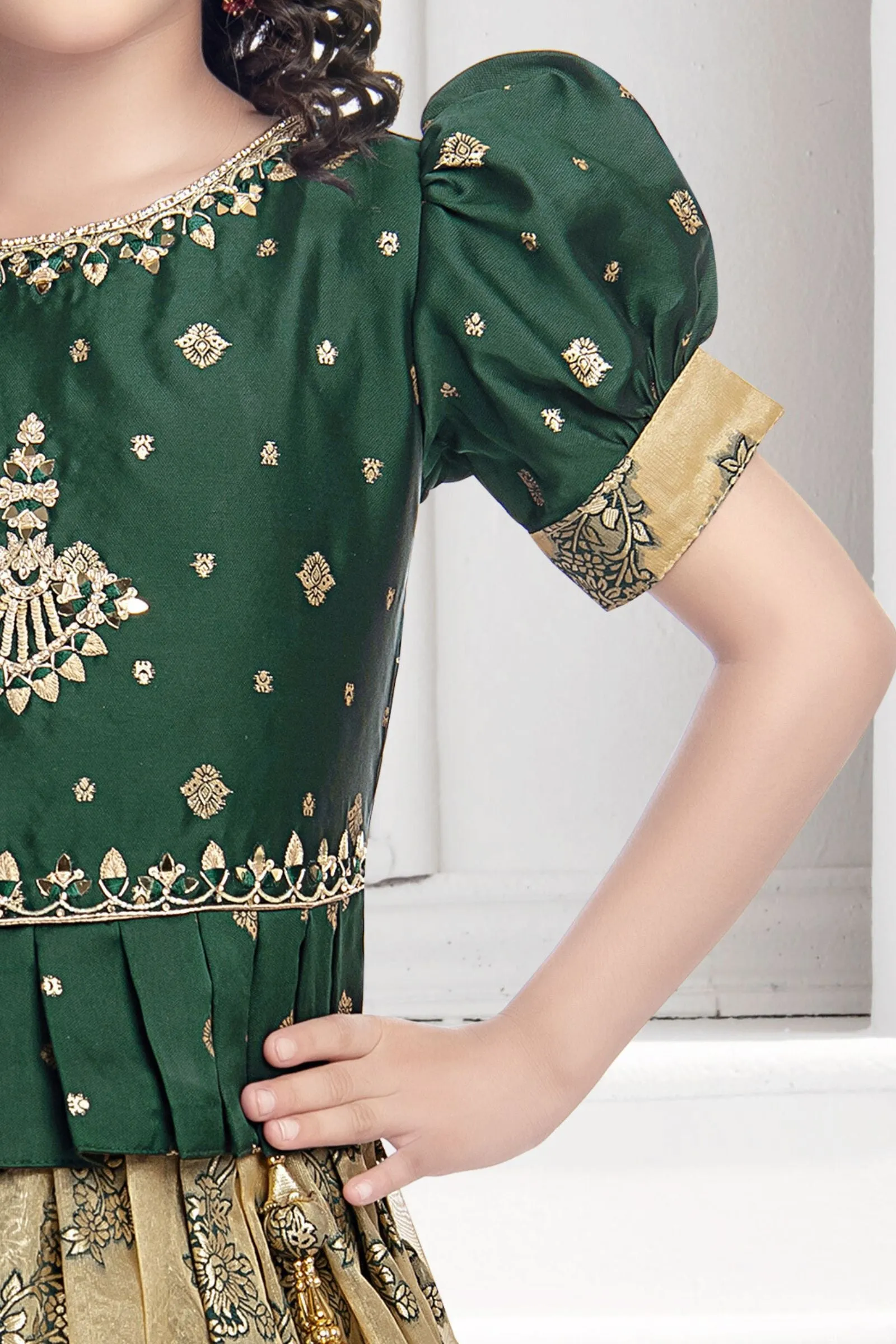 Bottle green with Beige Banaras, Stone and Mirror work Lehenga Choli for Girls