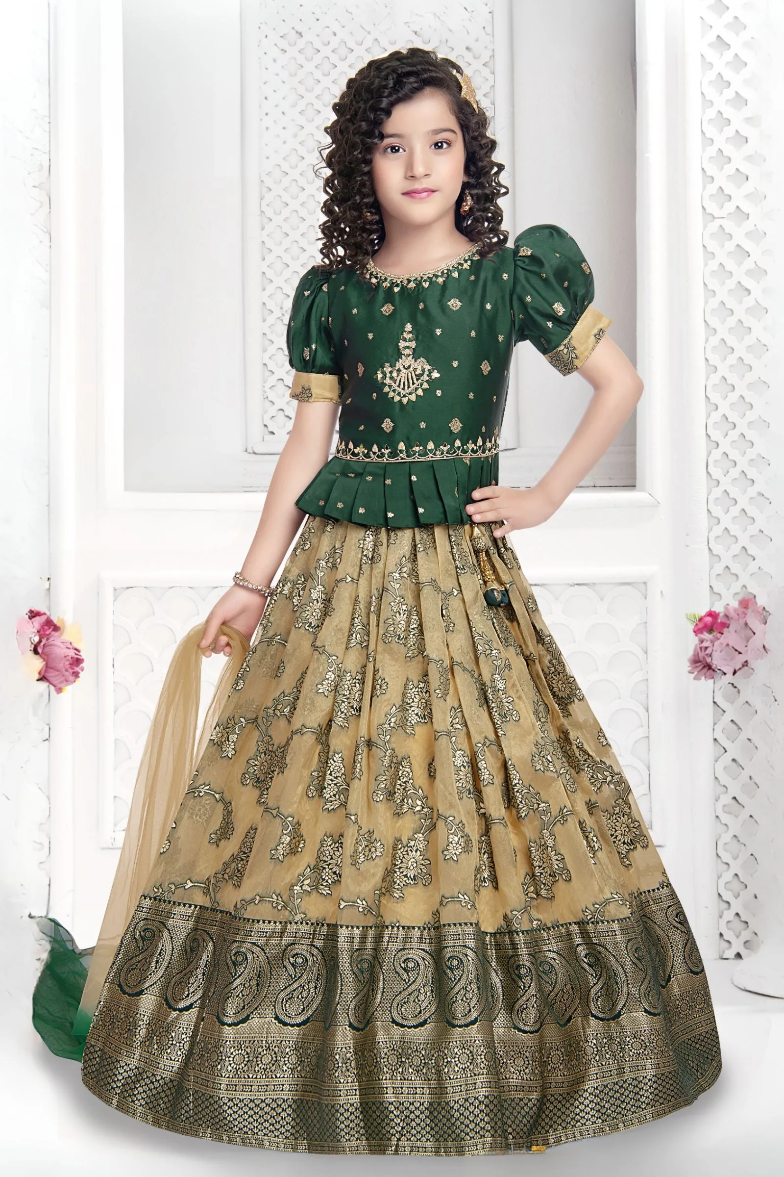 Bottle green with Beige Banaras, Stone and Mirror work Lehenga Choli for Girls