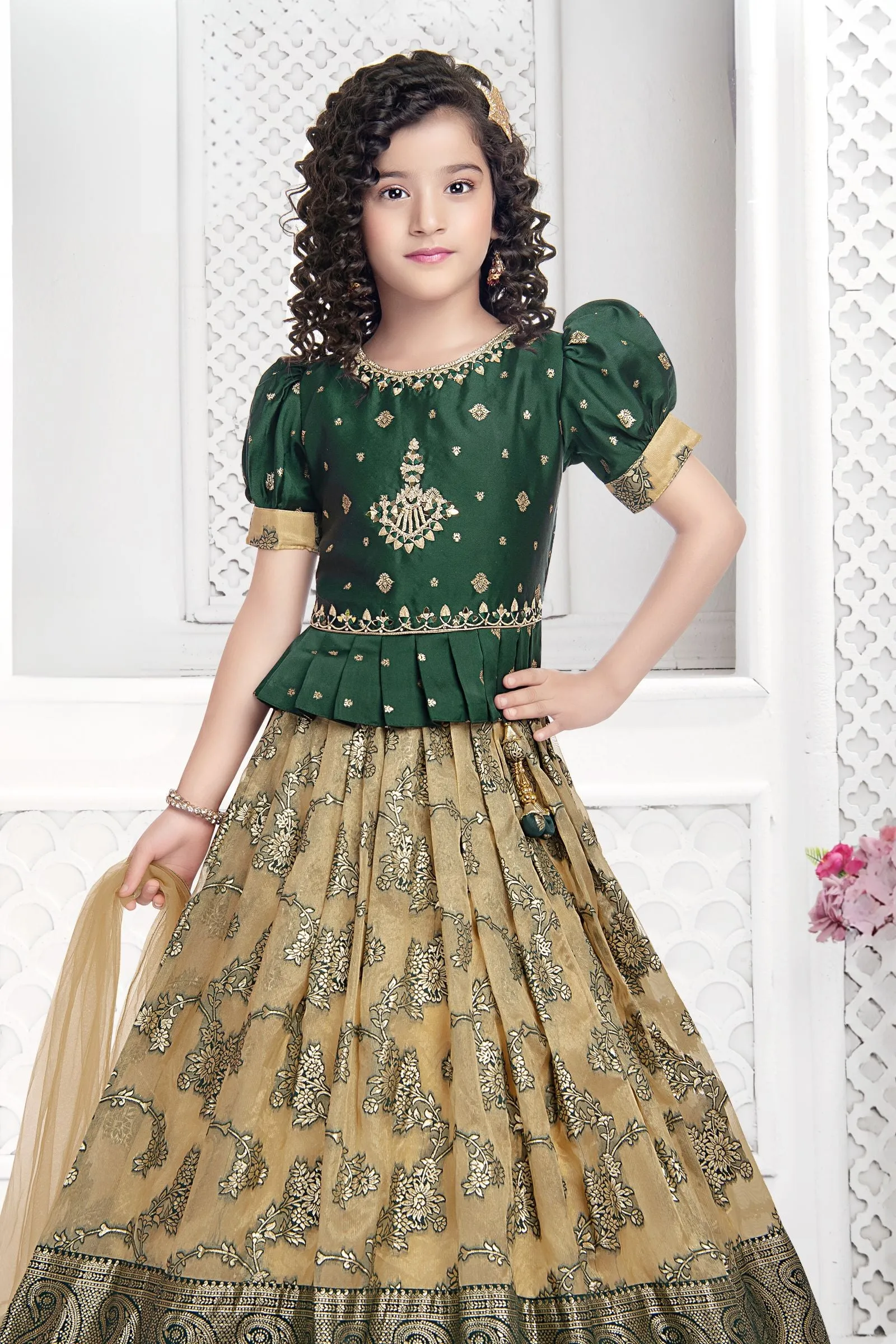 Bottle green with Beige Banaras, Stone and Mirror work Lehenga Choli for Girls