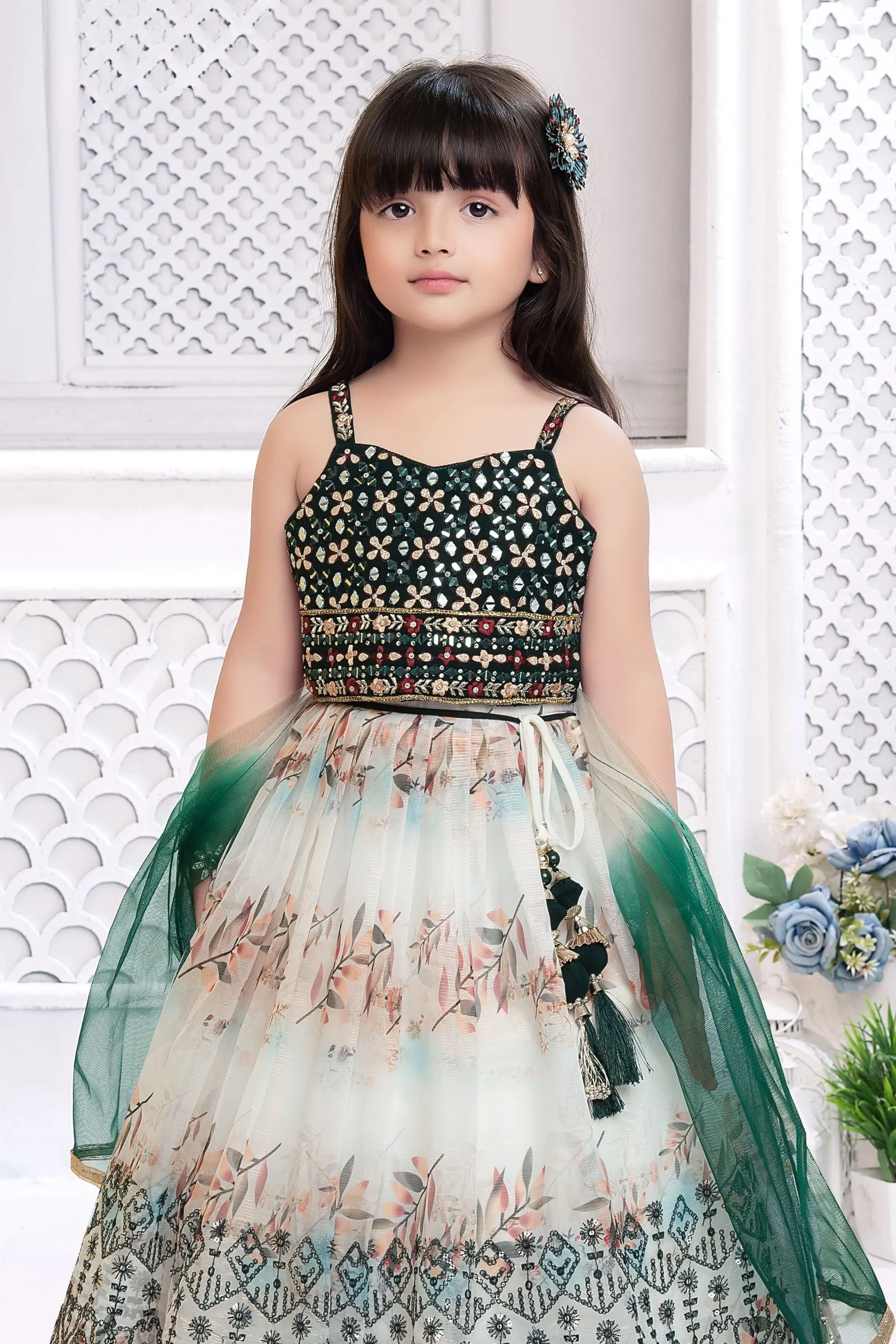 Bottle Green with Half White Mirror, Thread and Stone work Lehenga Choli for Girls