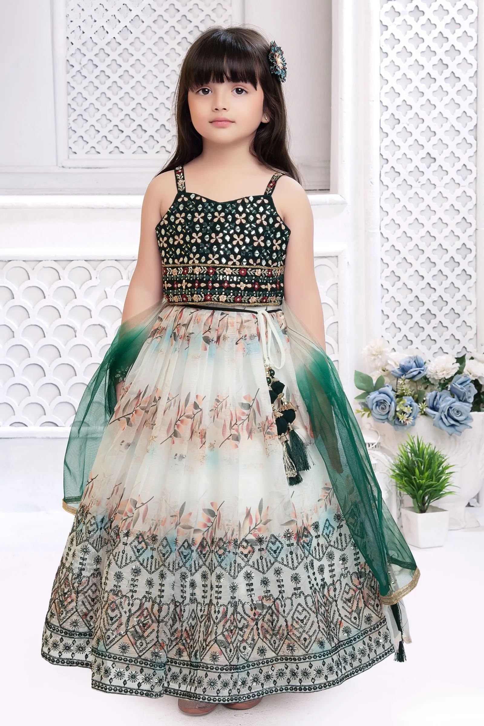 Bottle Green with Half White Mirror, Thread and Stone work Lehenga Choli for Girls