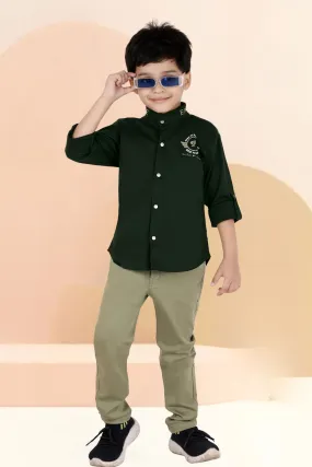 Bottle Green with Light Green Casual wear Pant and Shirt Set for Boys