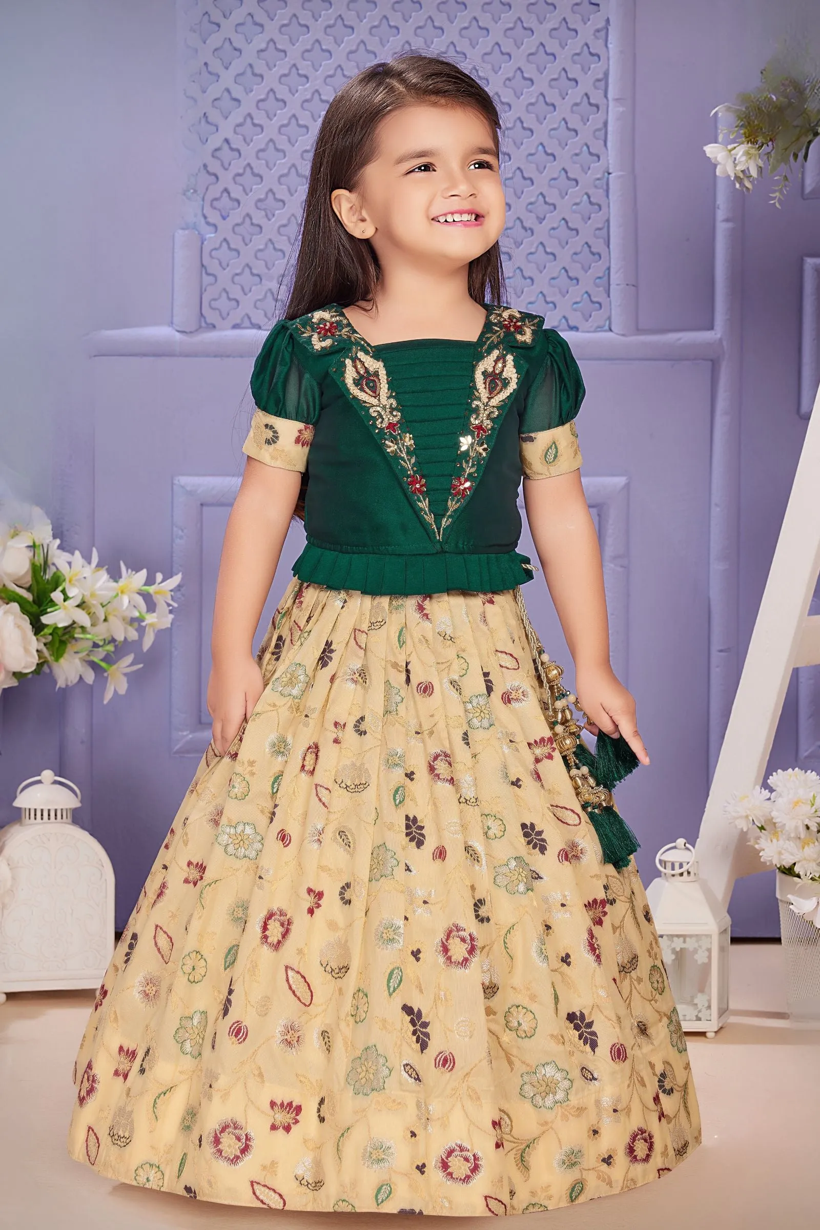 Bottle Green with Sandal Mirror, Zardozi and Jacquard work Lehenga Choli for Girls