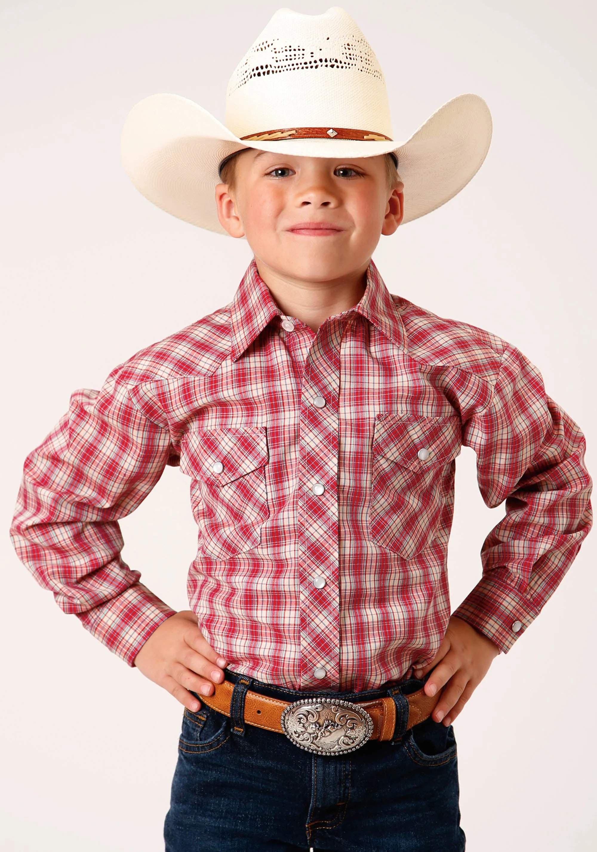 BOYS LONG SLEEVE SNAP RED AND MULTI COLORED SMALL SCALE WESTERN SHIRT