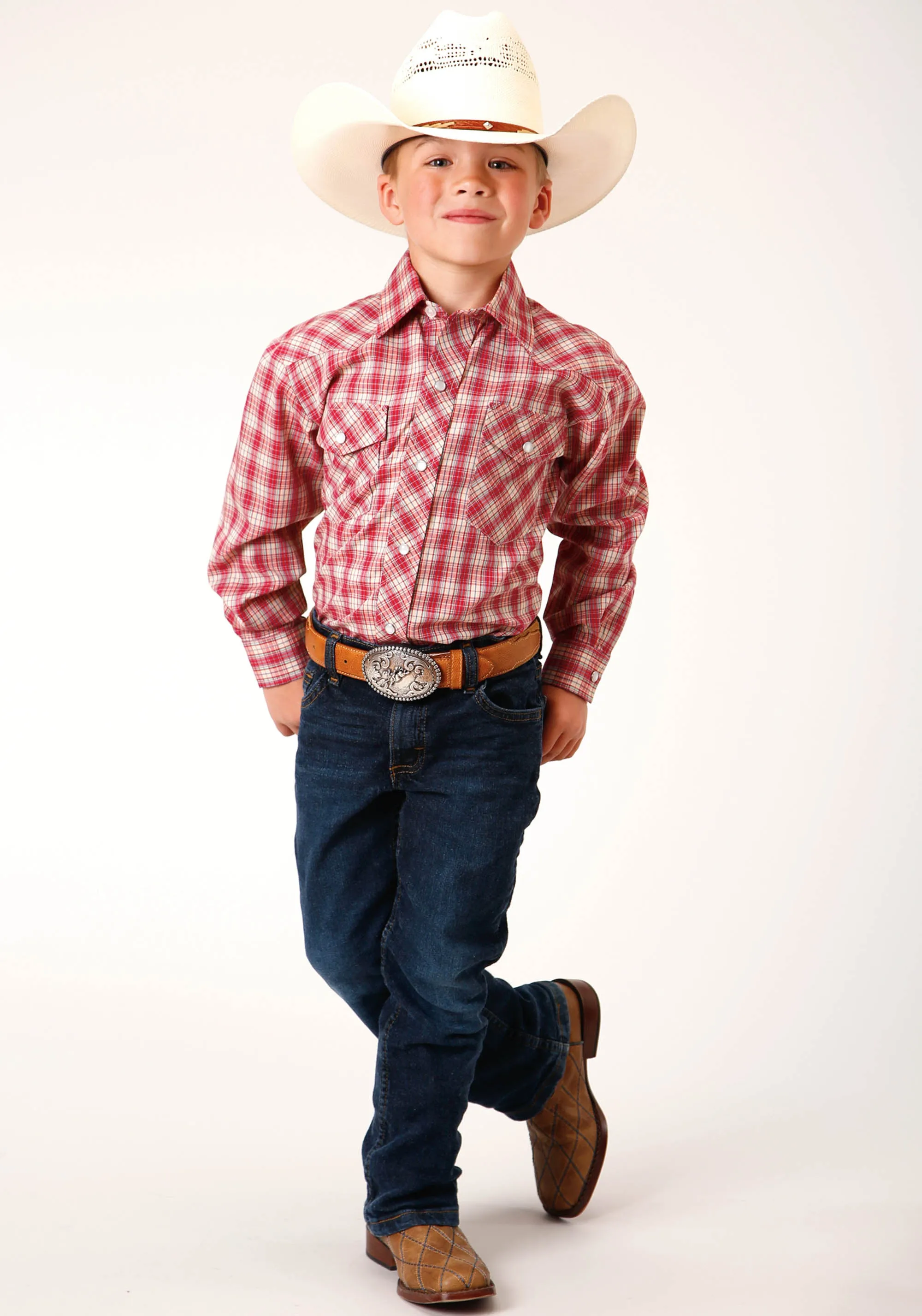 BOYS LONG SLEEVE SNAP RED AND MULTI COLORED SMALL SCALE WESTERN SHIRT