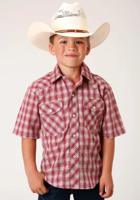 BOYS SHORT SLEEVE SNAP RED AND MULTI COLORED SMALL SCALE WESTERN SHIRT