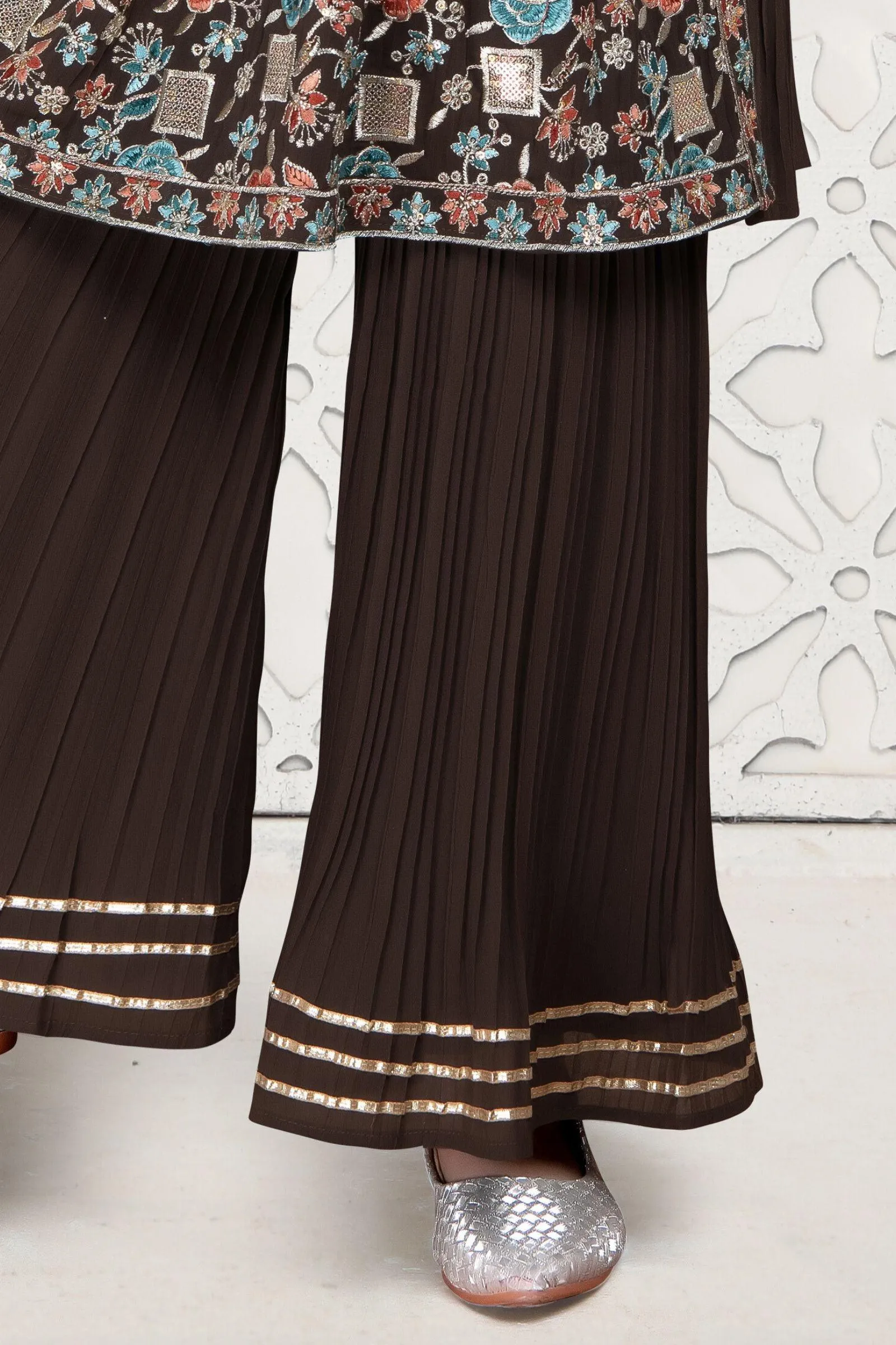 Brown Multicolor Embroidery and Sequins work Peplum Top and Sharara Set for Girls