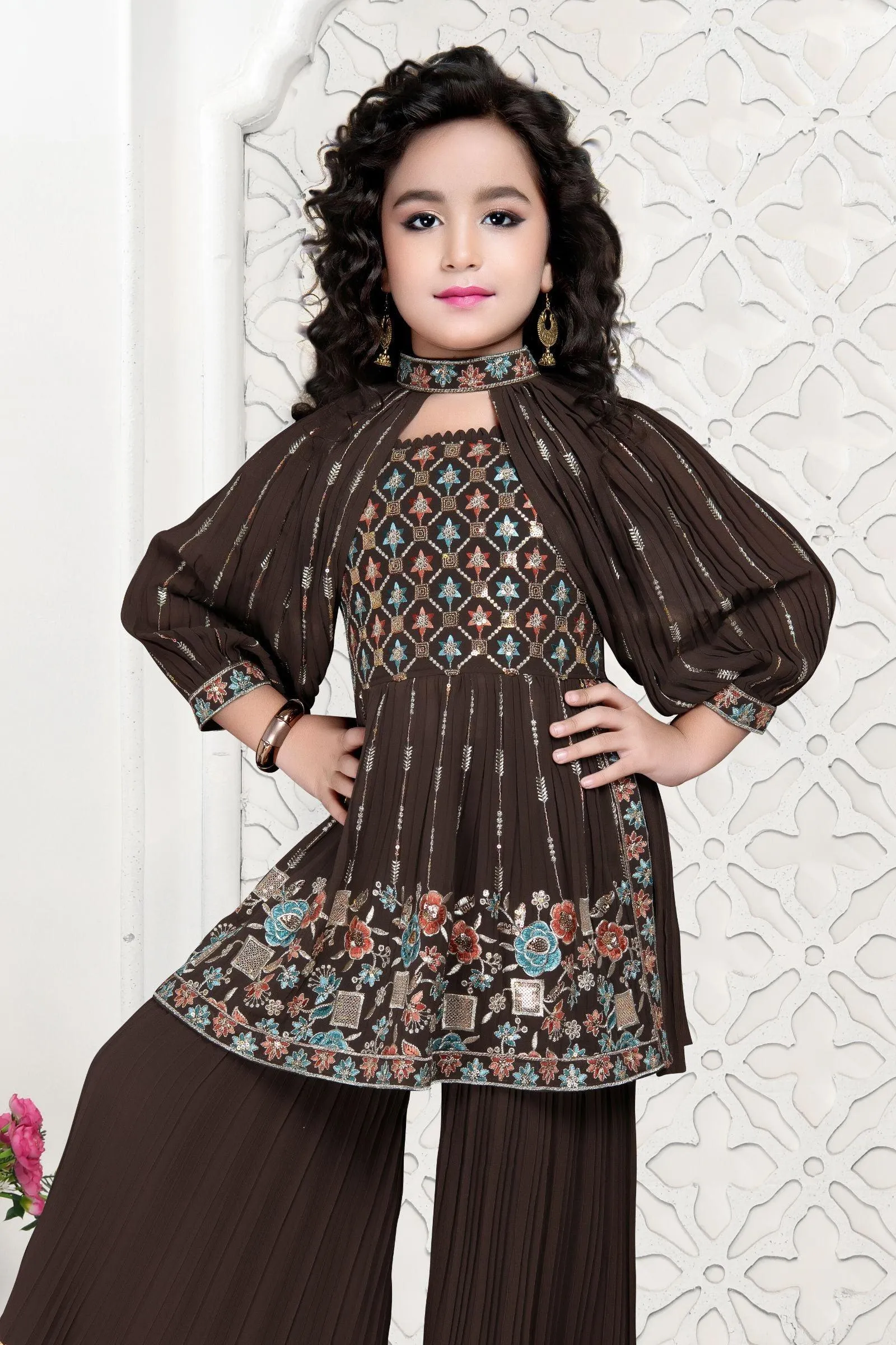 Brown Multicolor Embroidery and Sequins work Peplum Top and Sharara Set for Girls