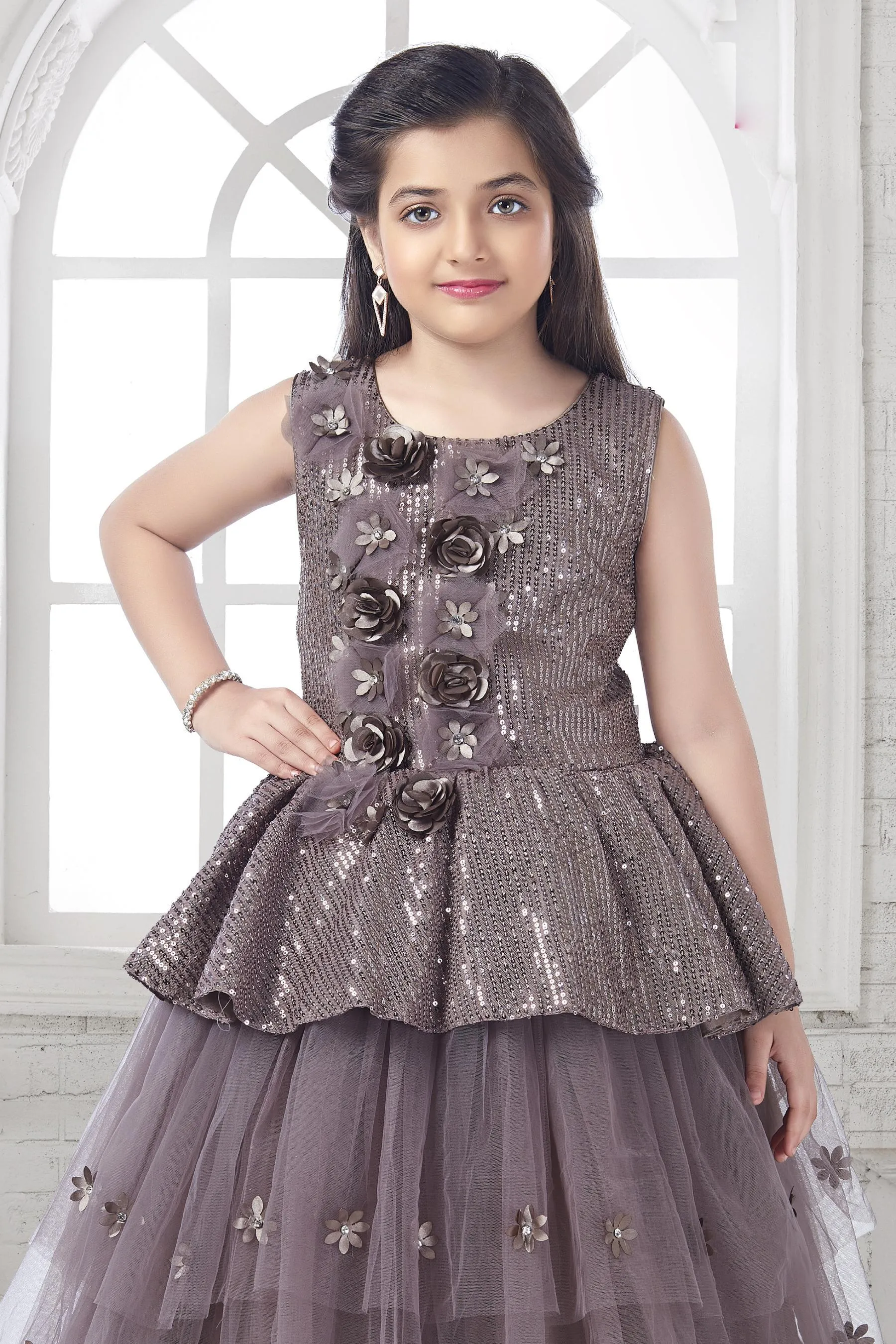 Brown Sequins and Stone work Long Party Gown for Girls