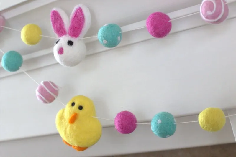 Bunny & Chick Easter Felt Ball Garland- Pink, Turquoise, Yellow