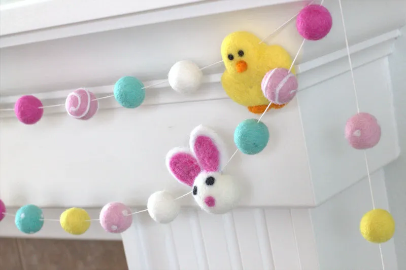 Bunny & Chick Easter Felt Ball Garland- Pink, Turquoise, Yellow