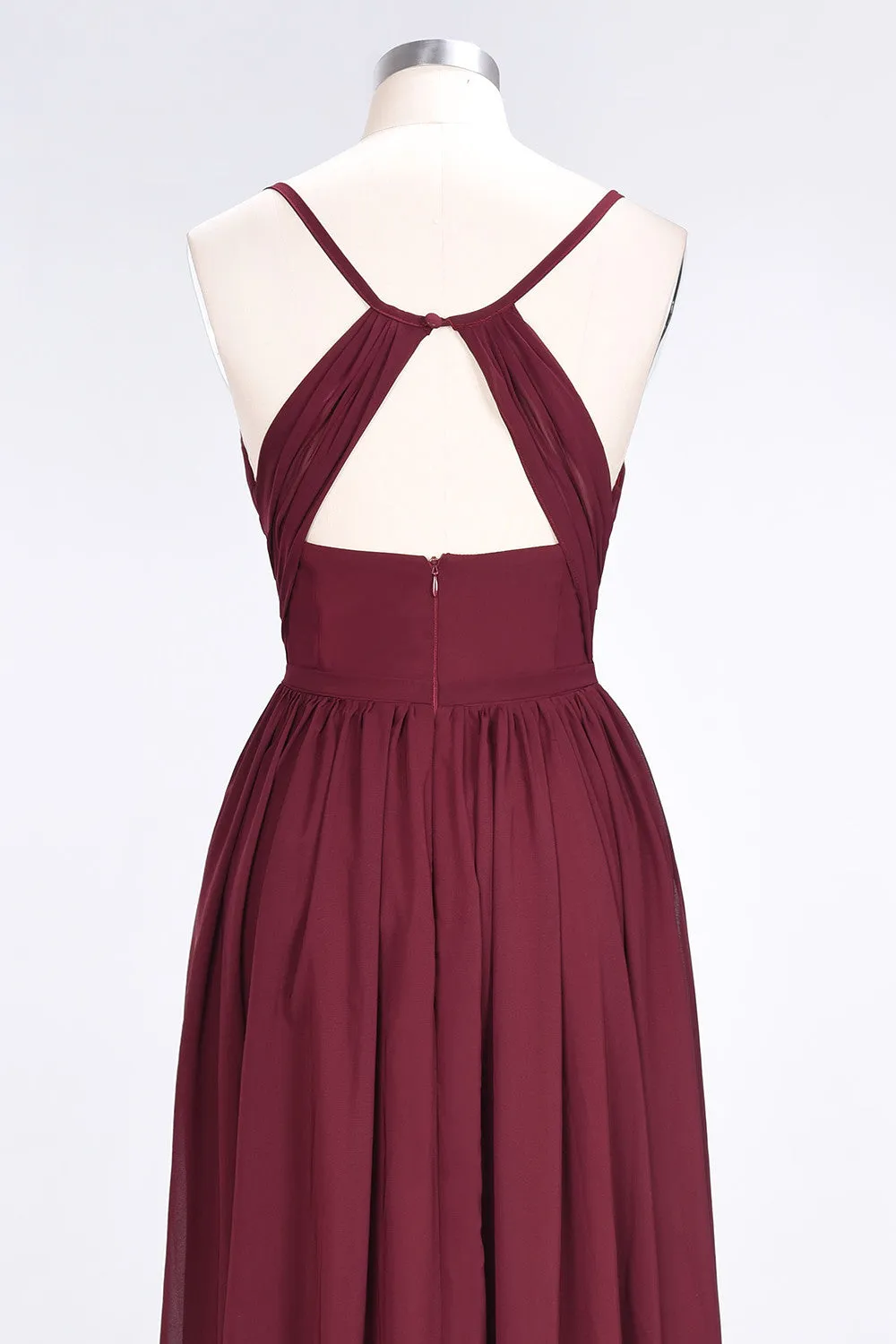 Burgundy A-Line Chiffon Spaghetti-Straps V-Neck Long Bridesmaid Dress