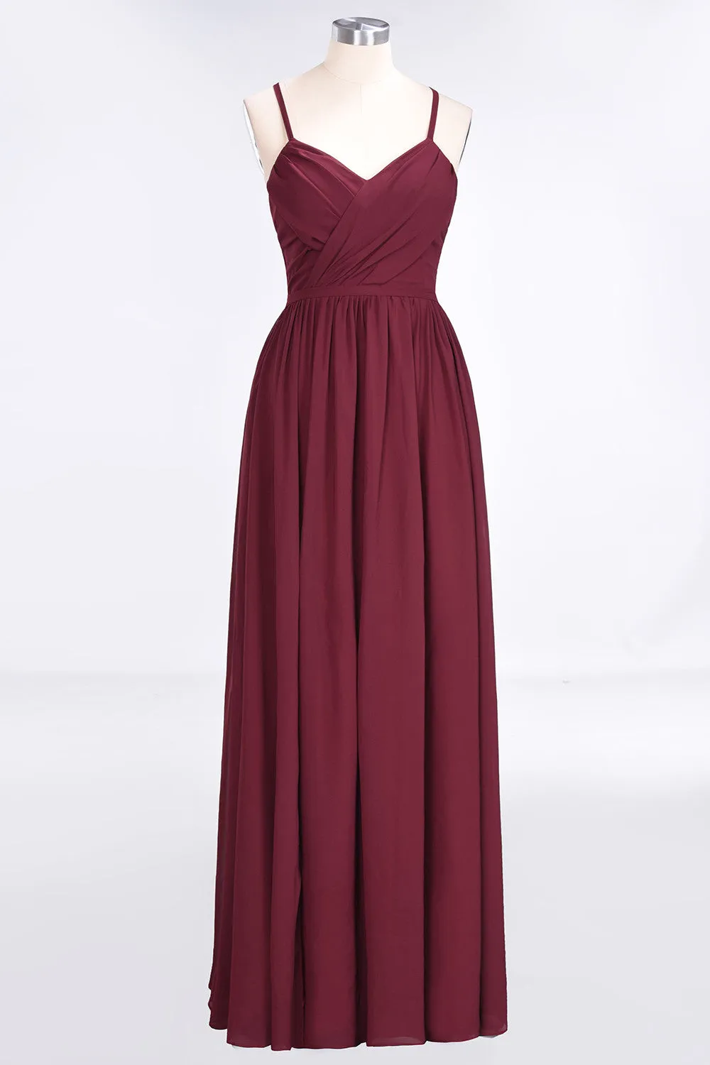 Burgundy A-Line Chiffon Spaghetti-Straps V-Neck Long Bridesmaid Dress