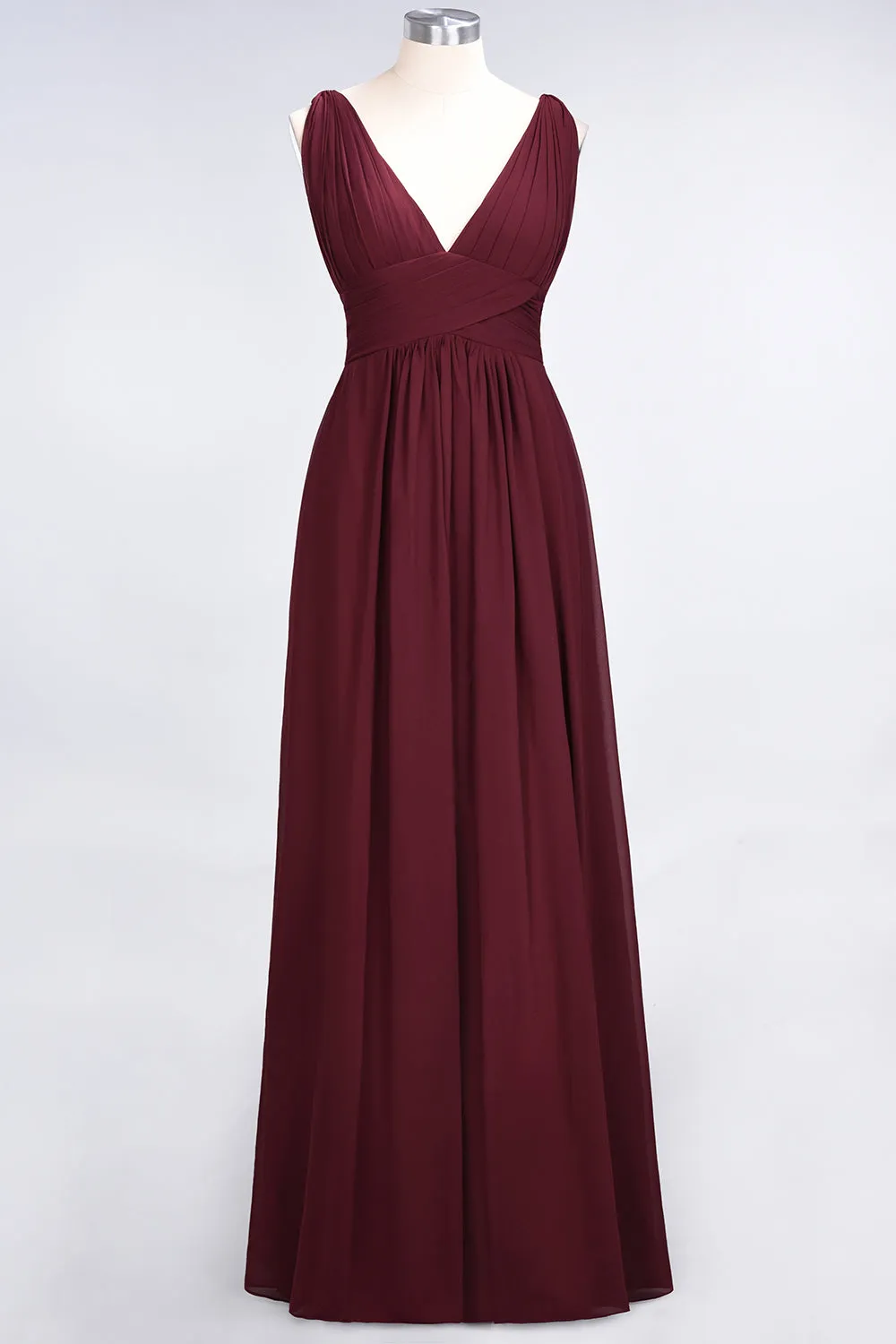 Burgundy A-Line Chiffon V-Neck Long Bridesmaid Dress with Ruffle