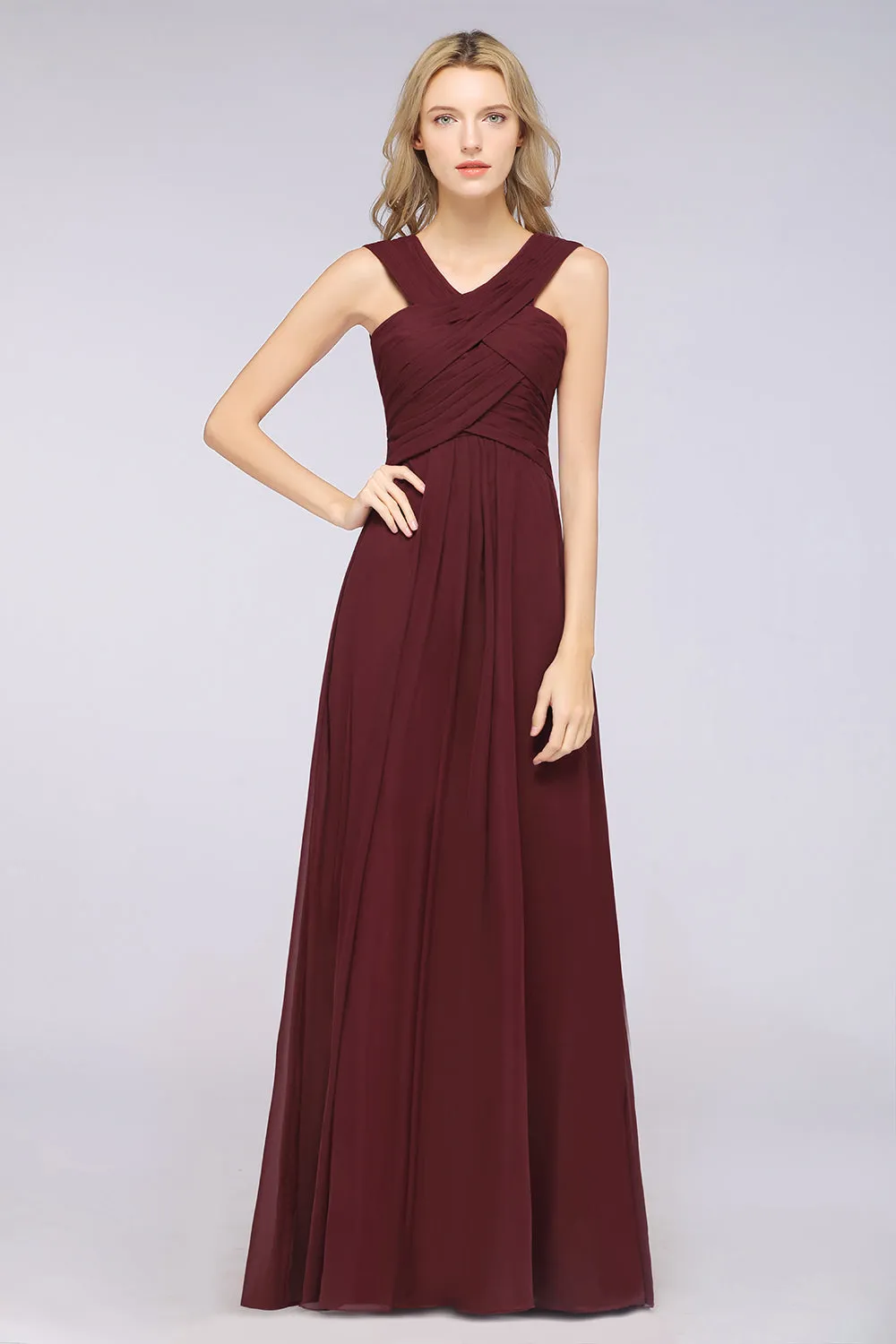 Burgundy A-Line Chiffon V-Neck Straps Long Bridesmaid Dress with Ruffles