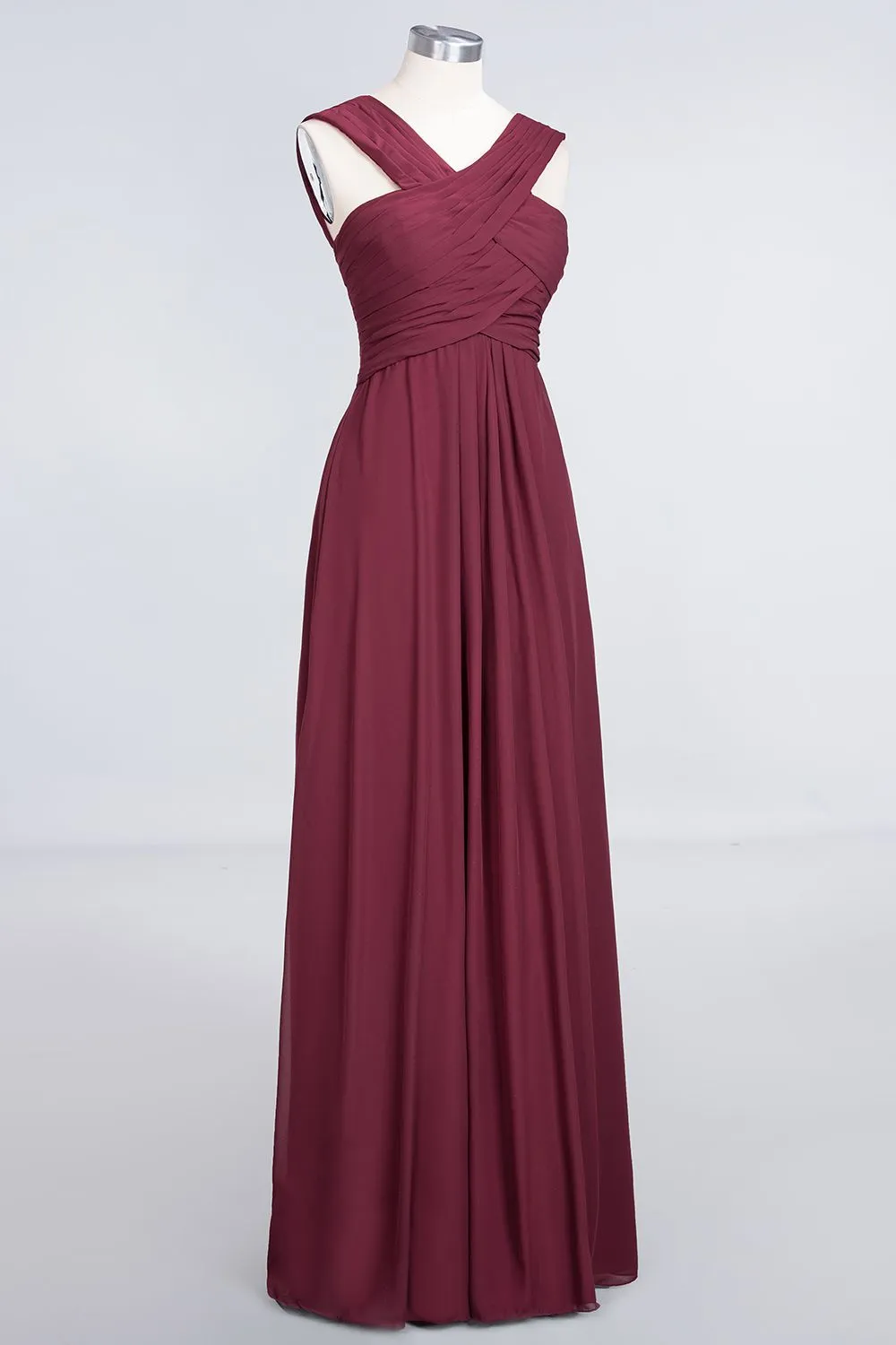 Burgundy A-Line Chiffon V-Neck Straps Long Bridesmaid Dress with Ruffles