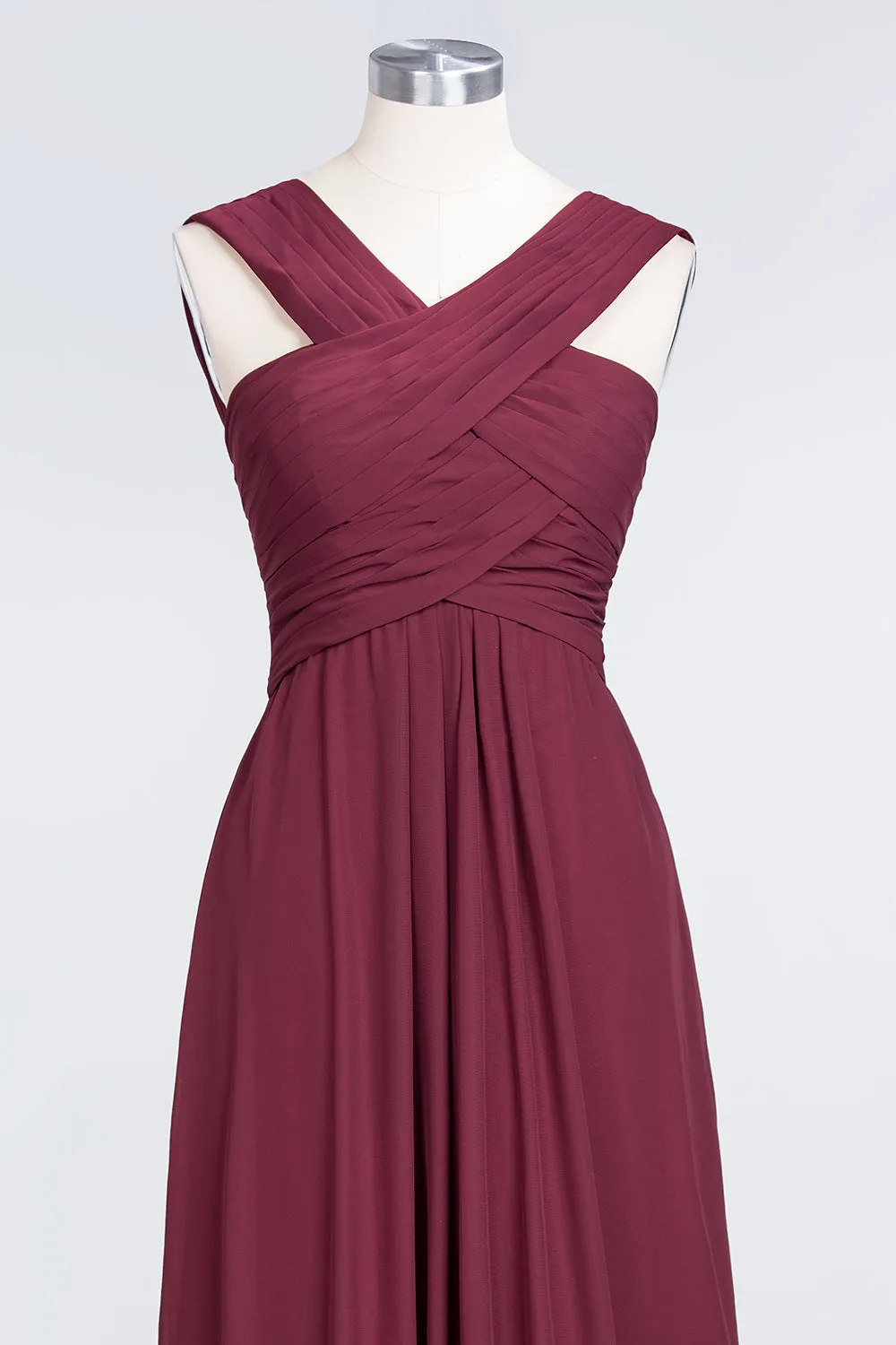 Burgundy A-Line Chiffon V-Neck Straps Long Bridesmaid Dress with Ruffles