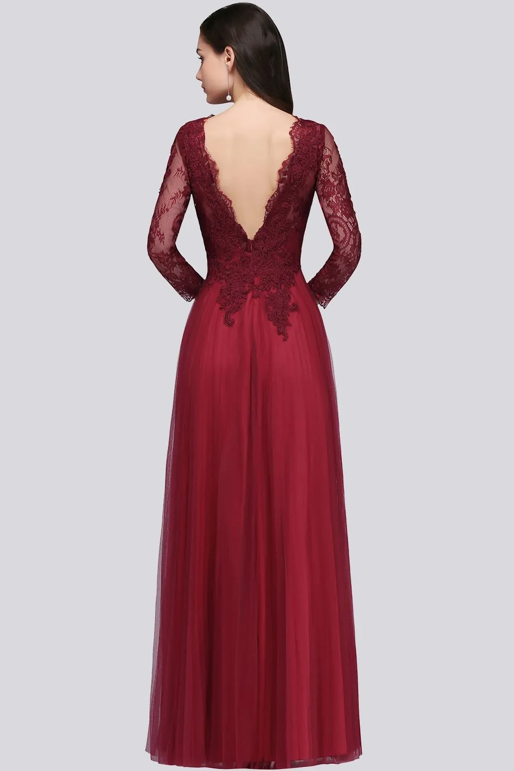 Burgundy Long A-line V-Neck Lace Tulle Bridesmaid Dresses with Sleeves