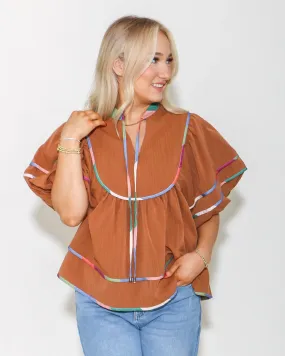 Caramel Puff Sleeve V-Neck Top