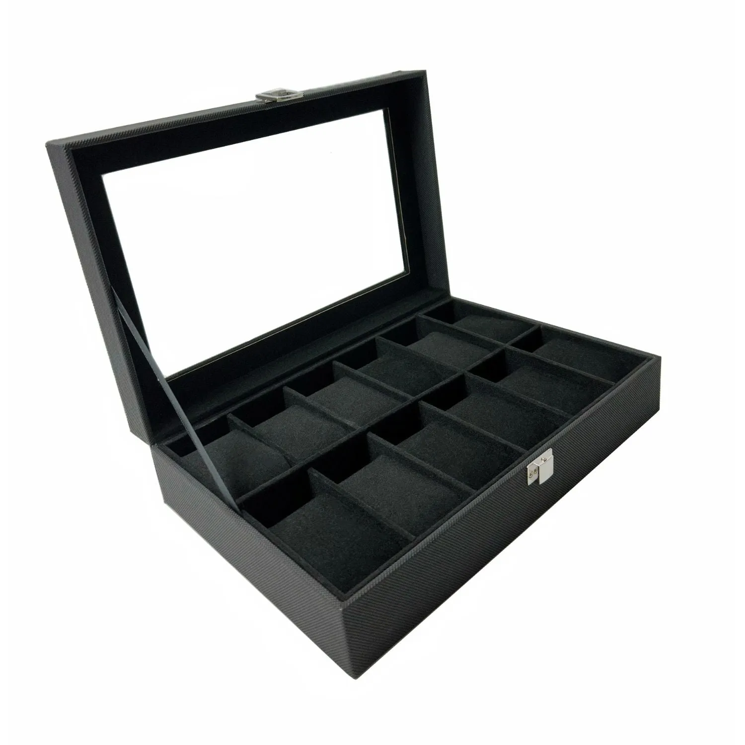 Carbon Fiber 12 Slot Watch Box with Glass Window - GOMINIMO