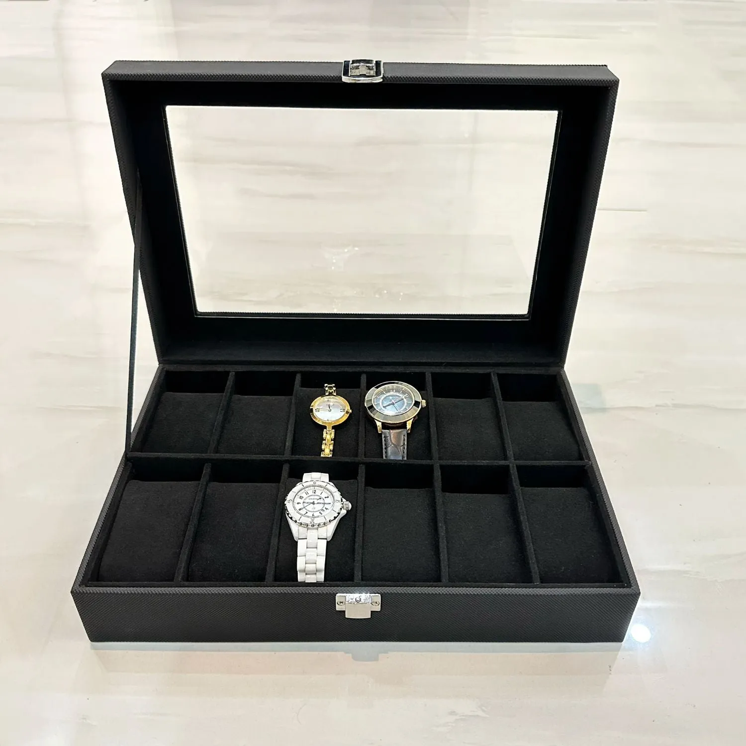 Carbon Fiber 12 Slot Watch Box with Glass Window - GOMINIMO