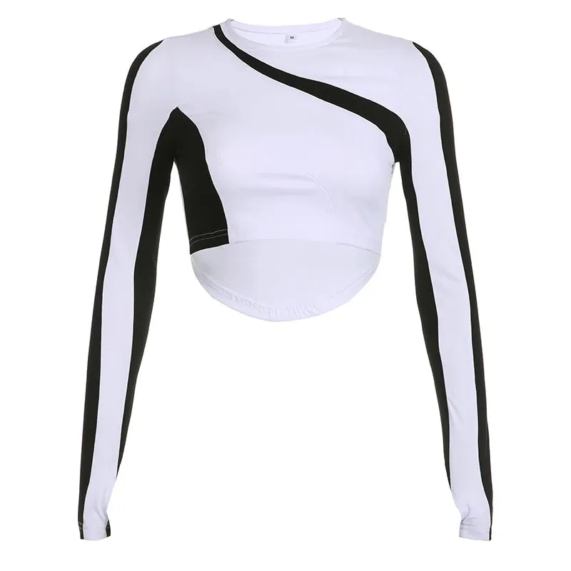 Casual Black White Spliced Autumn Tee Skinny Korean Style Women's Long Sleeve Top Cropped T shirt for Women Clothing