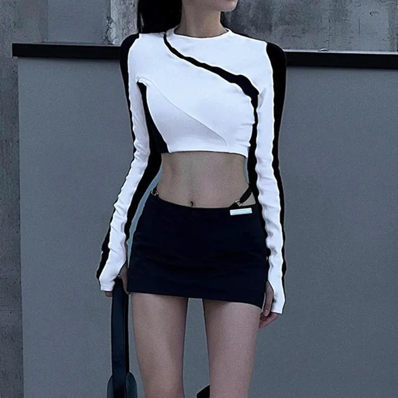 Casual Black White Spliced Autumn Tee Skinny Korean Style Women's Long Sleeve Top Cropped T shirt for Women Clothing