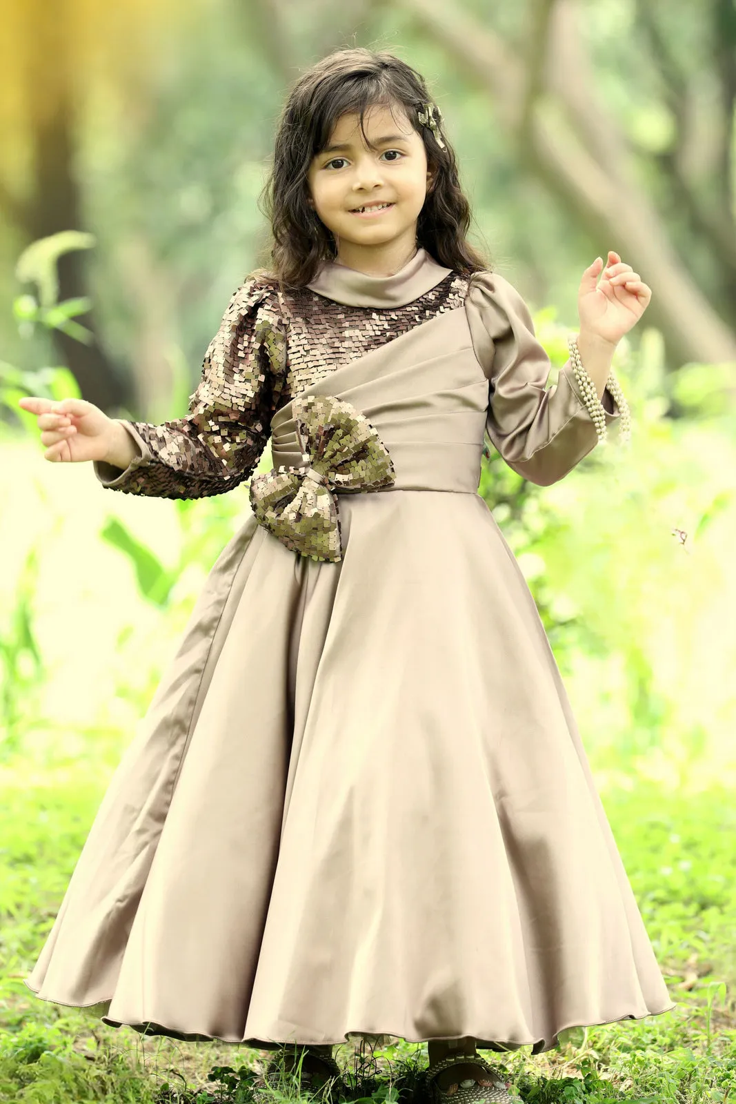 Champagne Gold Long Party Frock for Girls