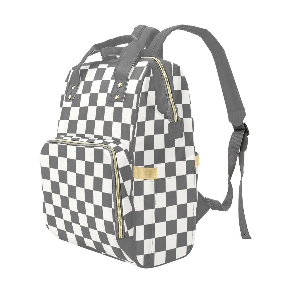 Checkered Diaper Bag Backpack, Grey Cream Check Baby Boy Girl Waterproof Insulated Pockets Stylish Mom Dad Designer Men Women Multipurpose