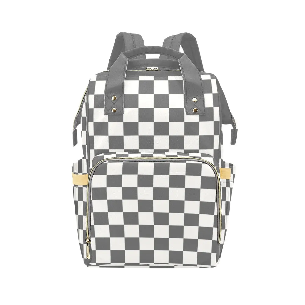 Checkered Diaper Bag Backpack, Grey Cream Check Baby Boy Girl Waterproof Insulated Pockets Stylish Mom Dad Designer Men Women Multipurpose