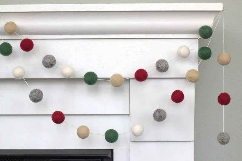 Christmas Felt Ball Garland- Burgundy, Forest, Gray, Almond, White