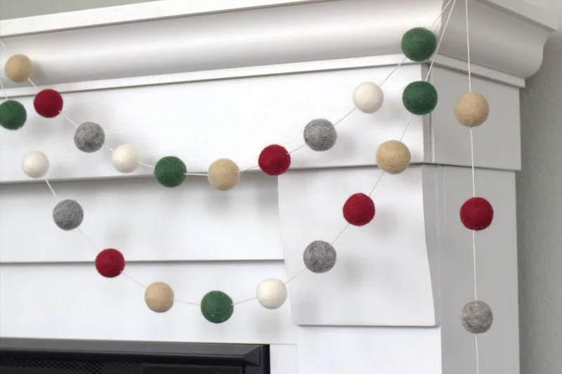 Christmas Felt Ball Garland- Burgundy, Forest, Gray, Almond, White