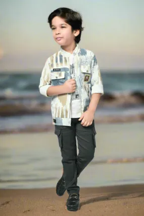 Cream and White Printed Blazer, T-Shirt and Dark Grey Cargo Pant Set for Boys