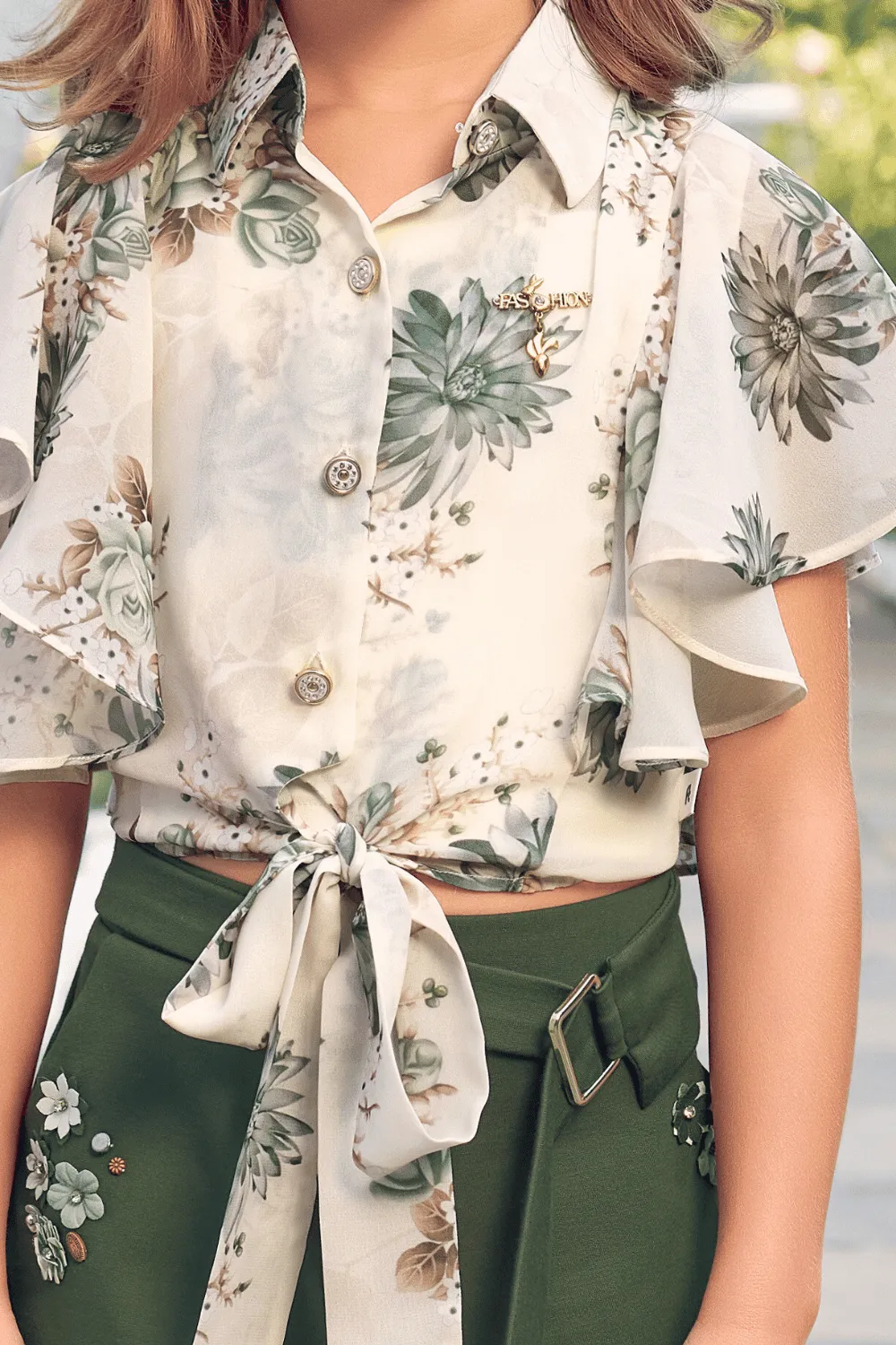 Cream Floral Print Top and Olive Green Shorts For Girls