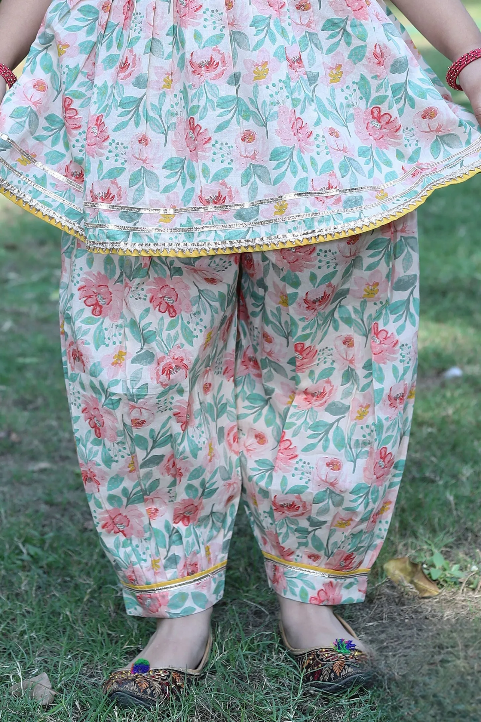 Cream Mirror and Thread work with Floral Print Peplum Top and Afghani Set for Girls