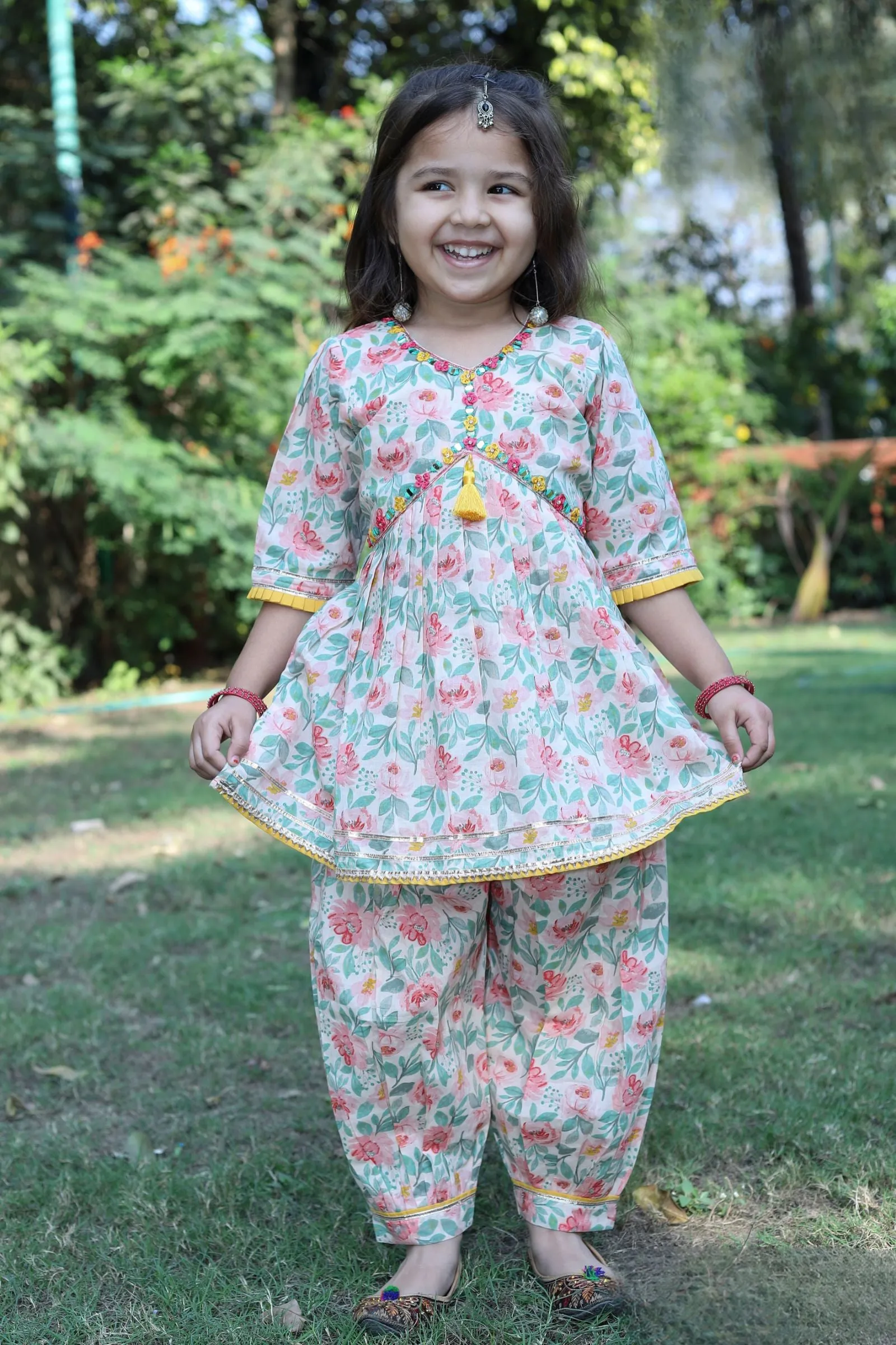 Cream Mirror and Thread work with Floral Print Peplum Top and Afghani Set for Girls