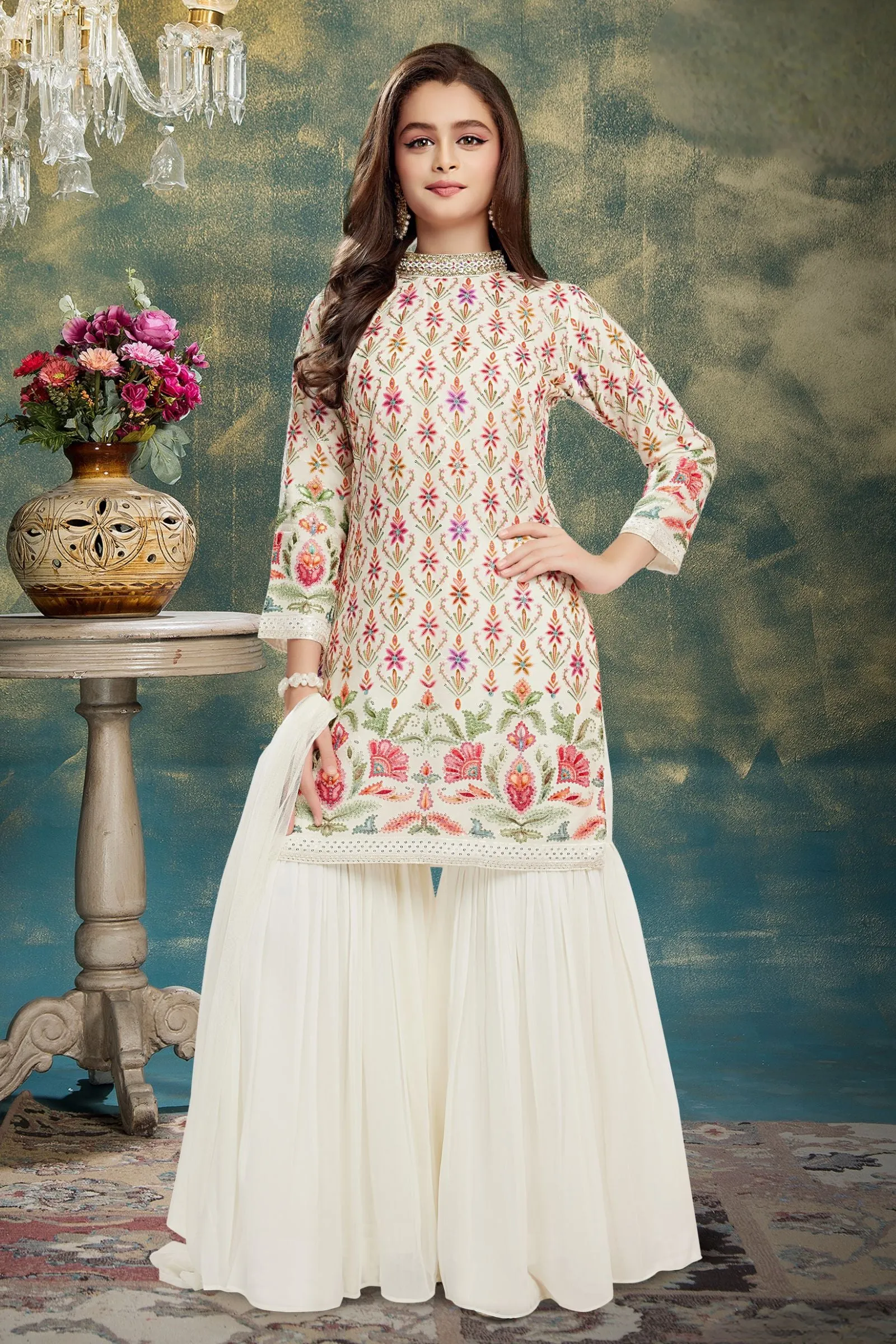 Cream Multicolor Embroidery, Sequins and Stone work for Girls Sharara Suit Set