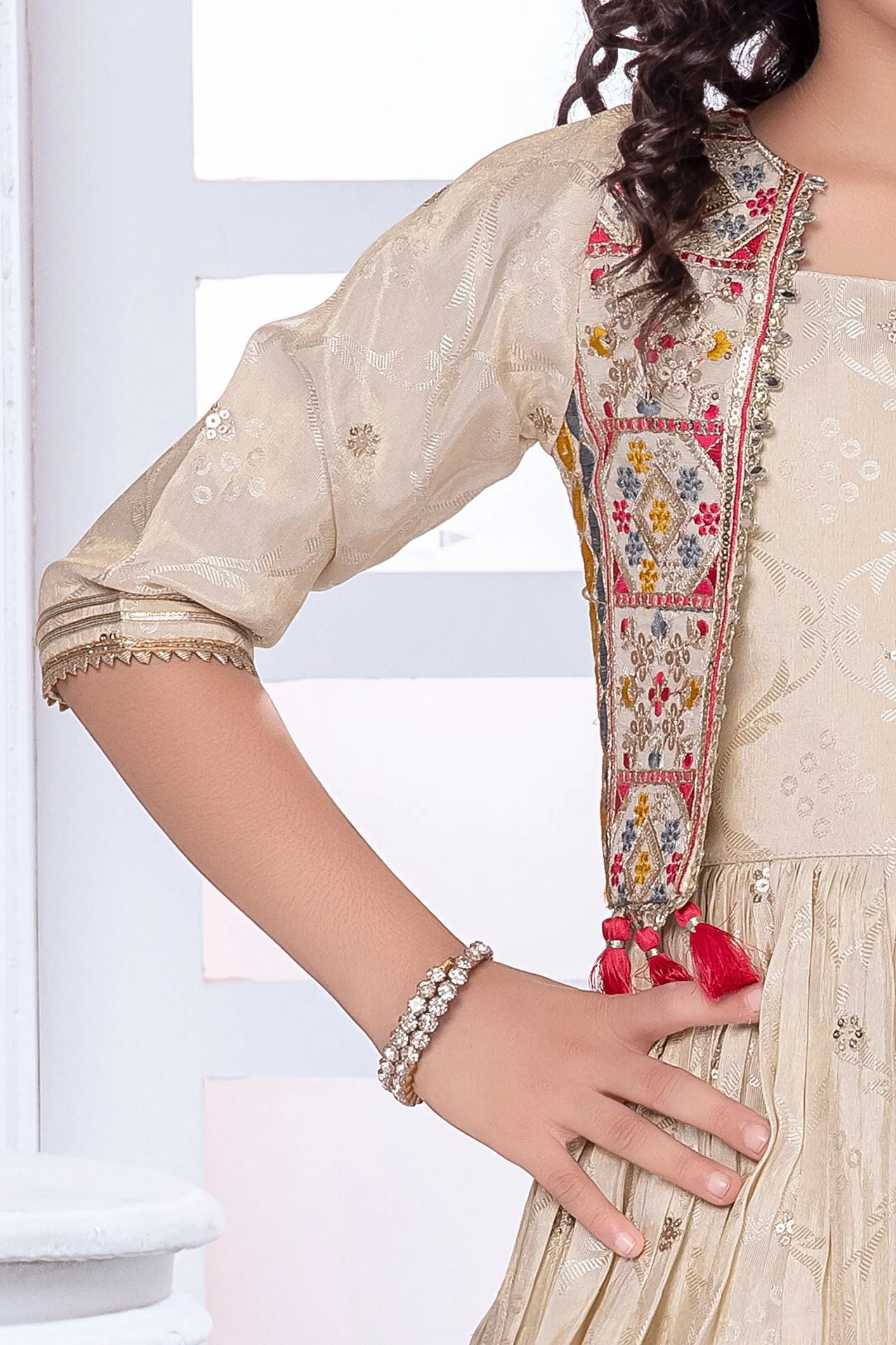 Cream Multicolor Thread and Banaras Weaving work Jacket Styled Long Party Gown for Girls