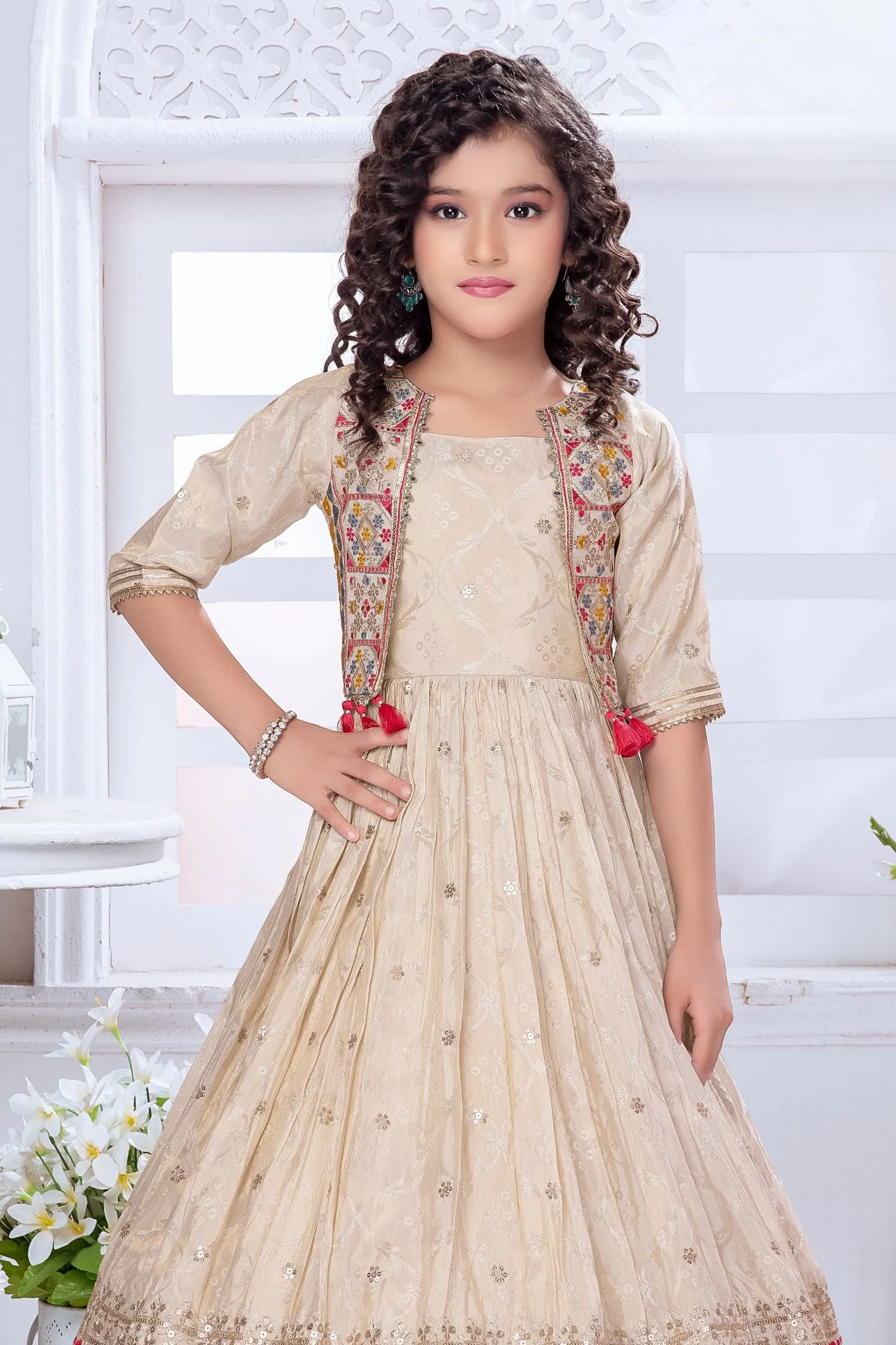 Cream Multicolor Thread and Banaras Weaving work Jacket Styled Long Party Gown for Girls