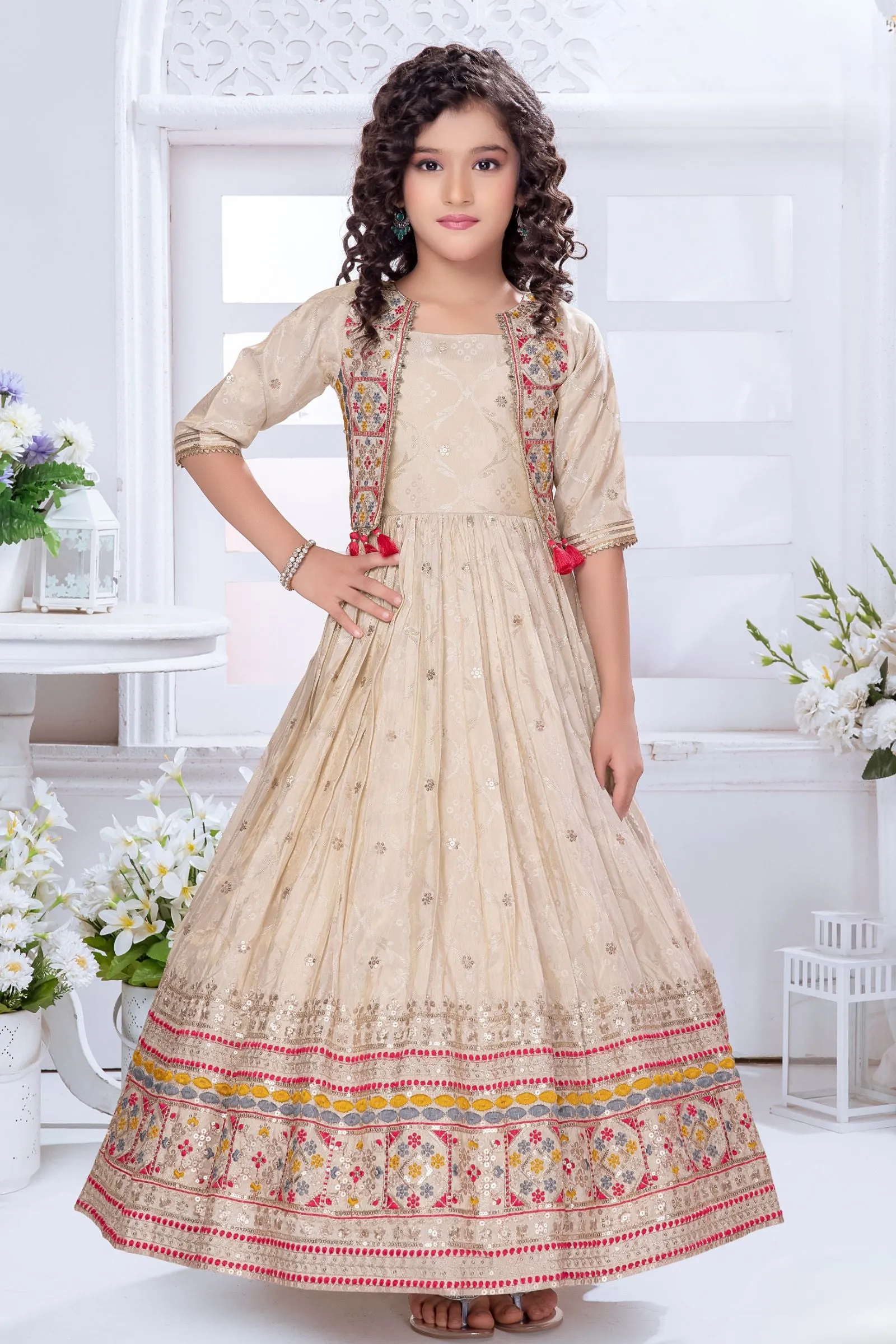 Cream Multicolor Thread and Banaras Weaving work Jacket Styled Long Party Gown for Girls