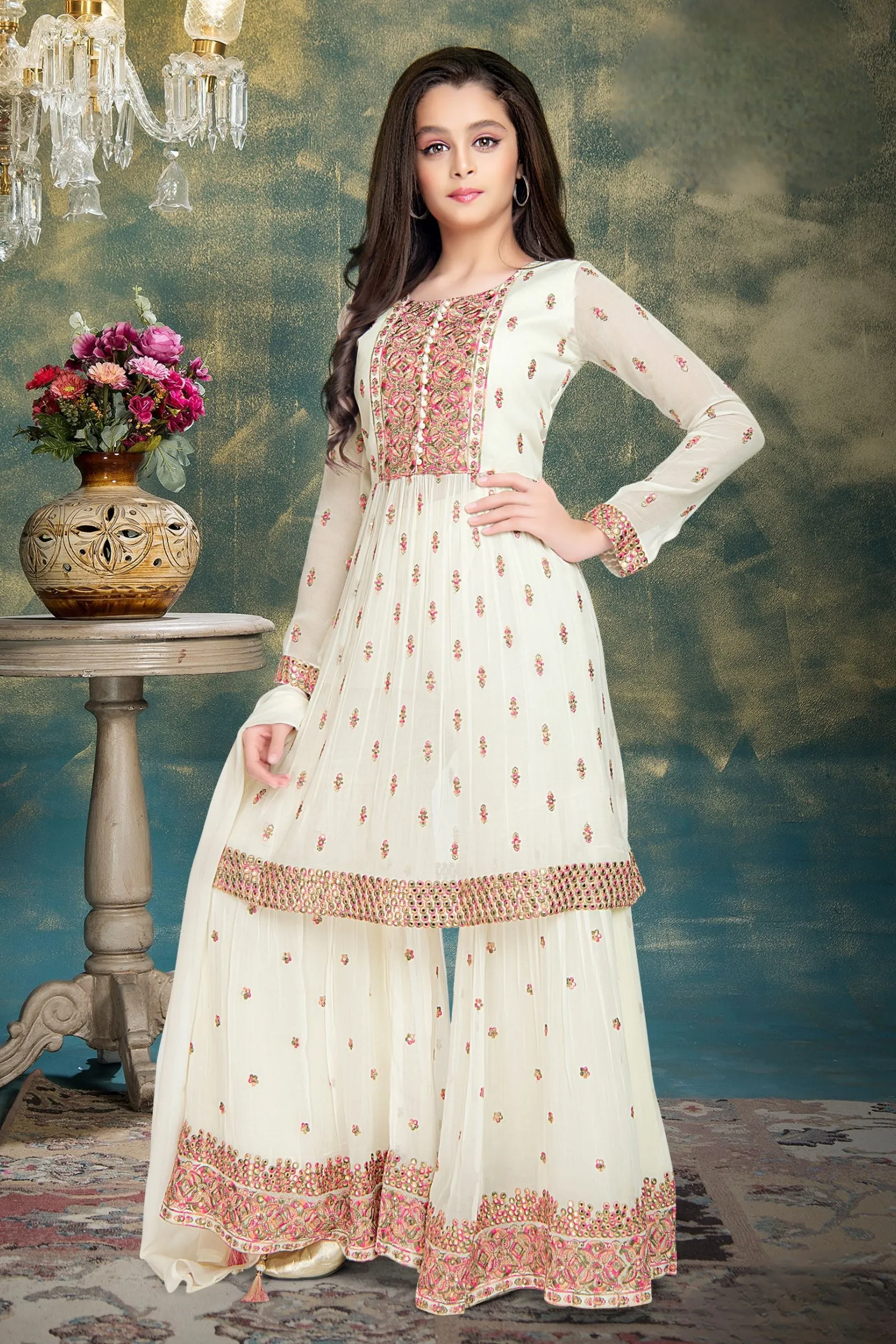 Cream Multicolor Thread and Sequins work Peplum Top and Sharara Set for Girls