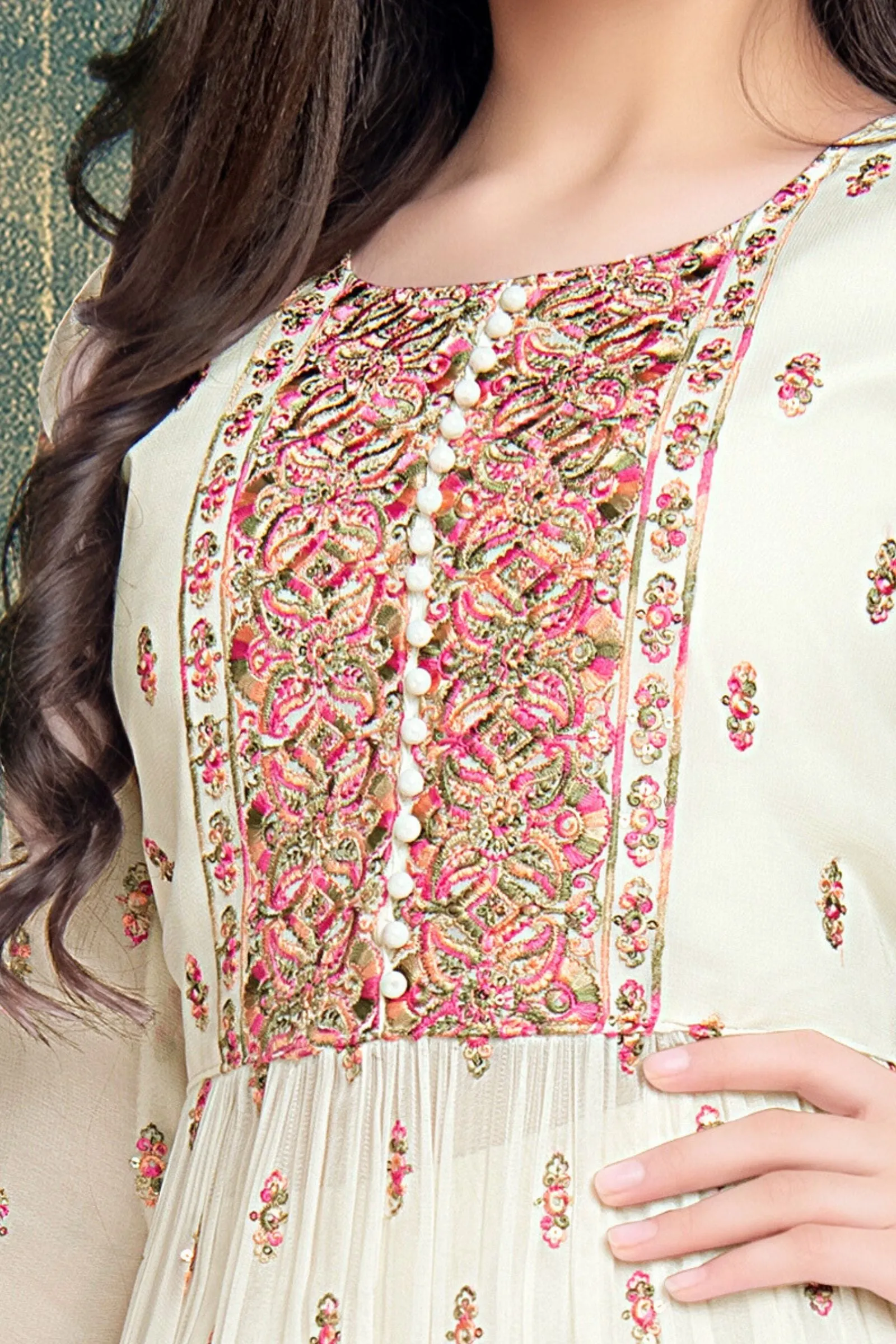 Cream Multicolor Thread and Sequins work Peplum Top and Sharara Set for Girls