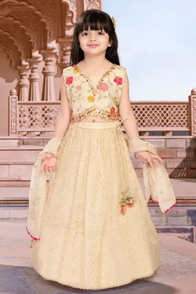 Cream Sequins, Mirror, Beads and Zari work Lehenga Choli for Girls