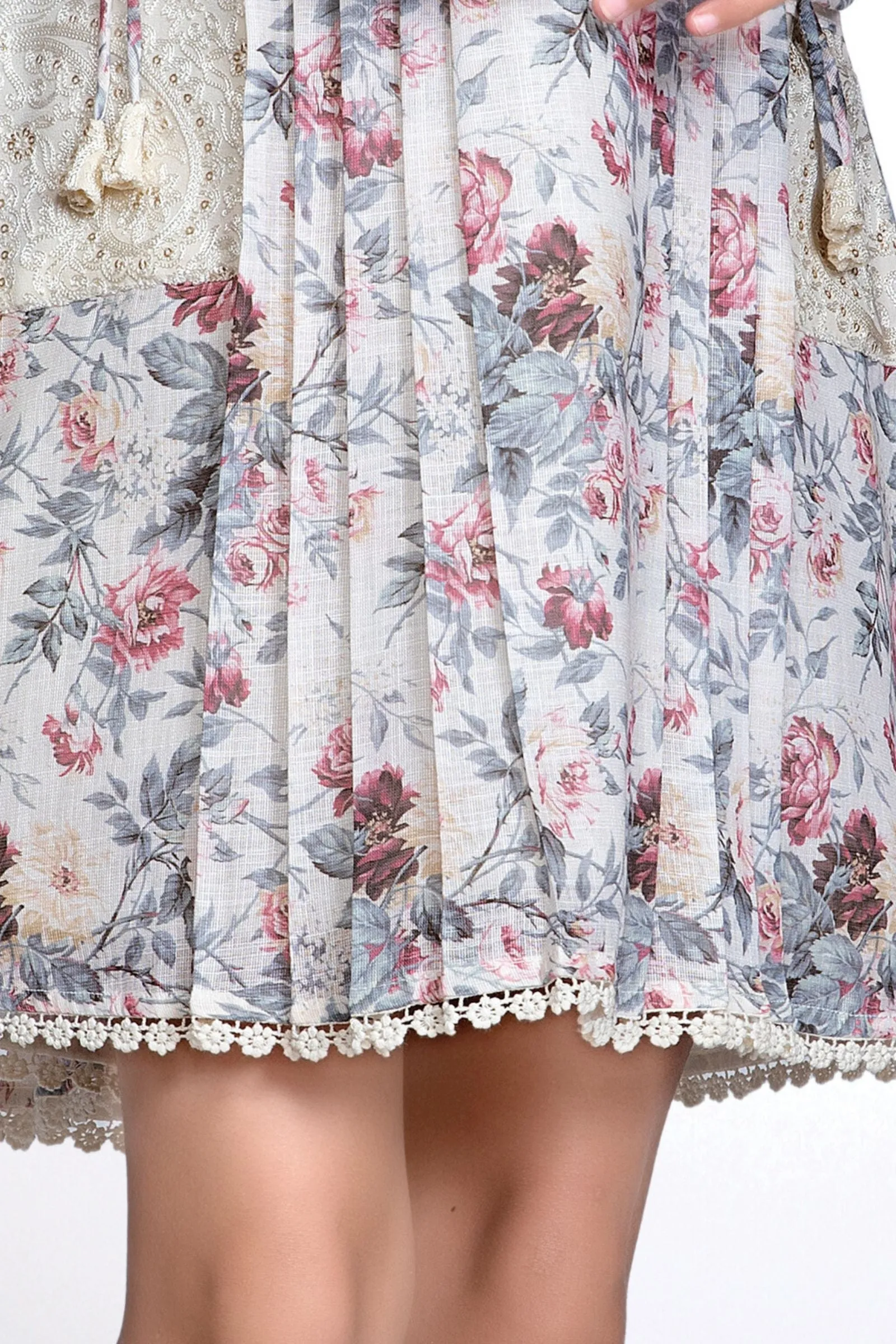 Cream Thread work with Floral Print Knee Length Casual Frock for Girls