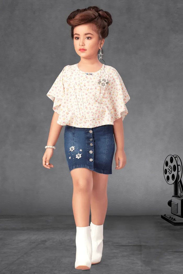 Cream with Floral Print Top and Blue Denim Short Skirt for Girls