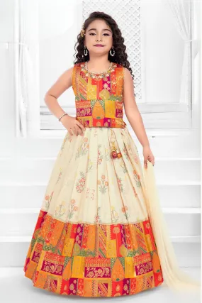 Cream with Multicolor Banaras, Stone and Zardozi work Lehenga Choli for Girls